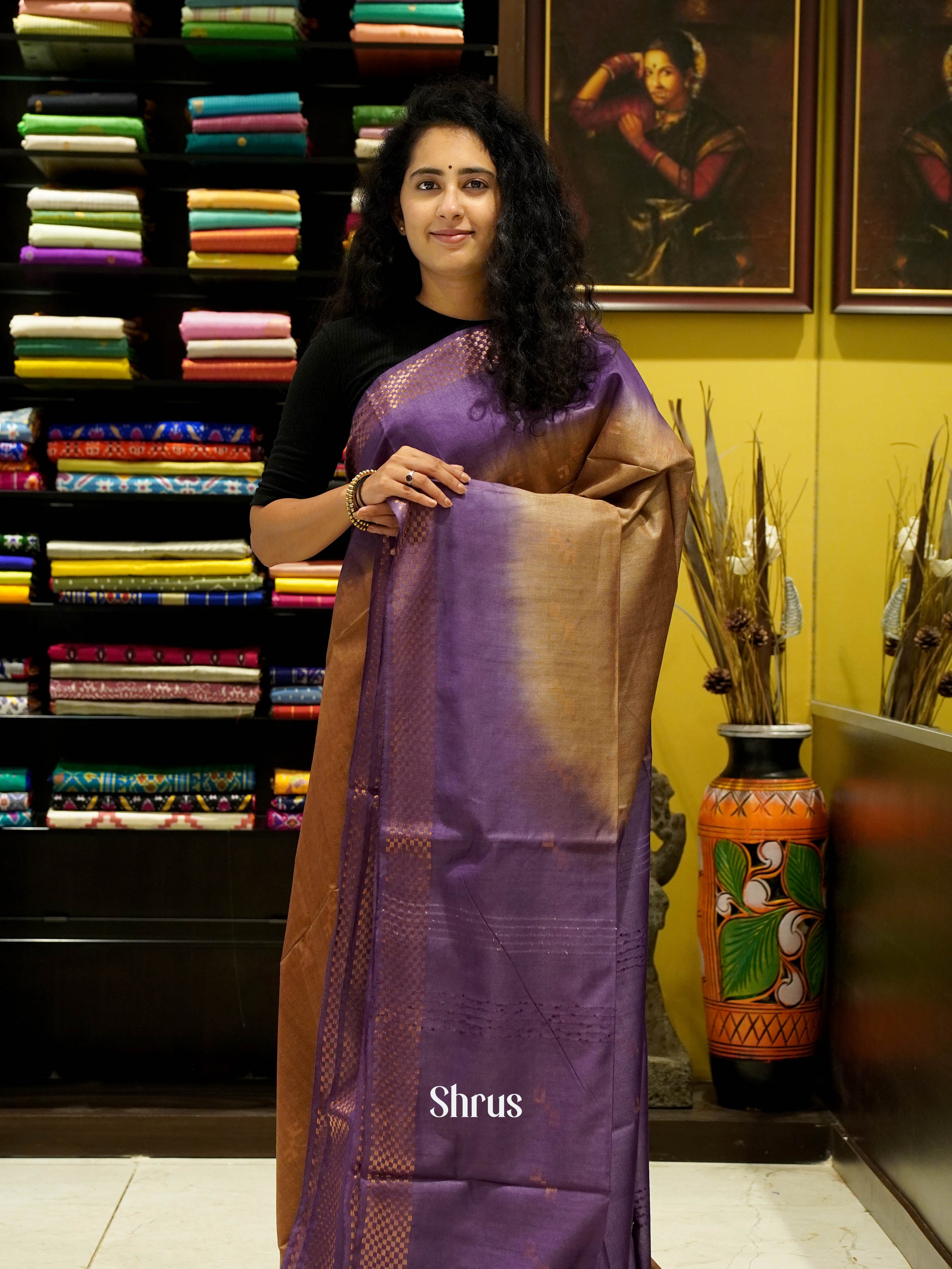 Brown & Purple - Semi Tussar Saree - Shop on ShrusEternity.com