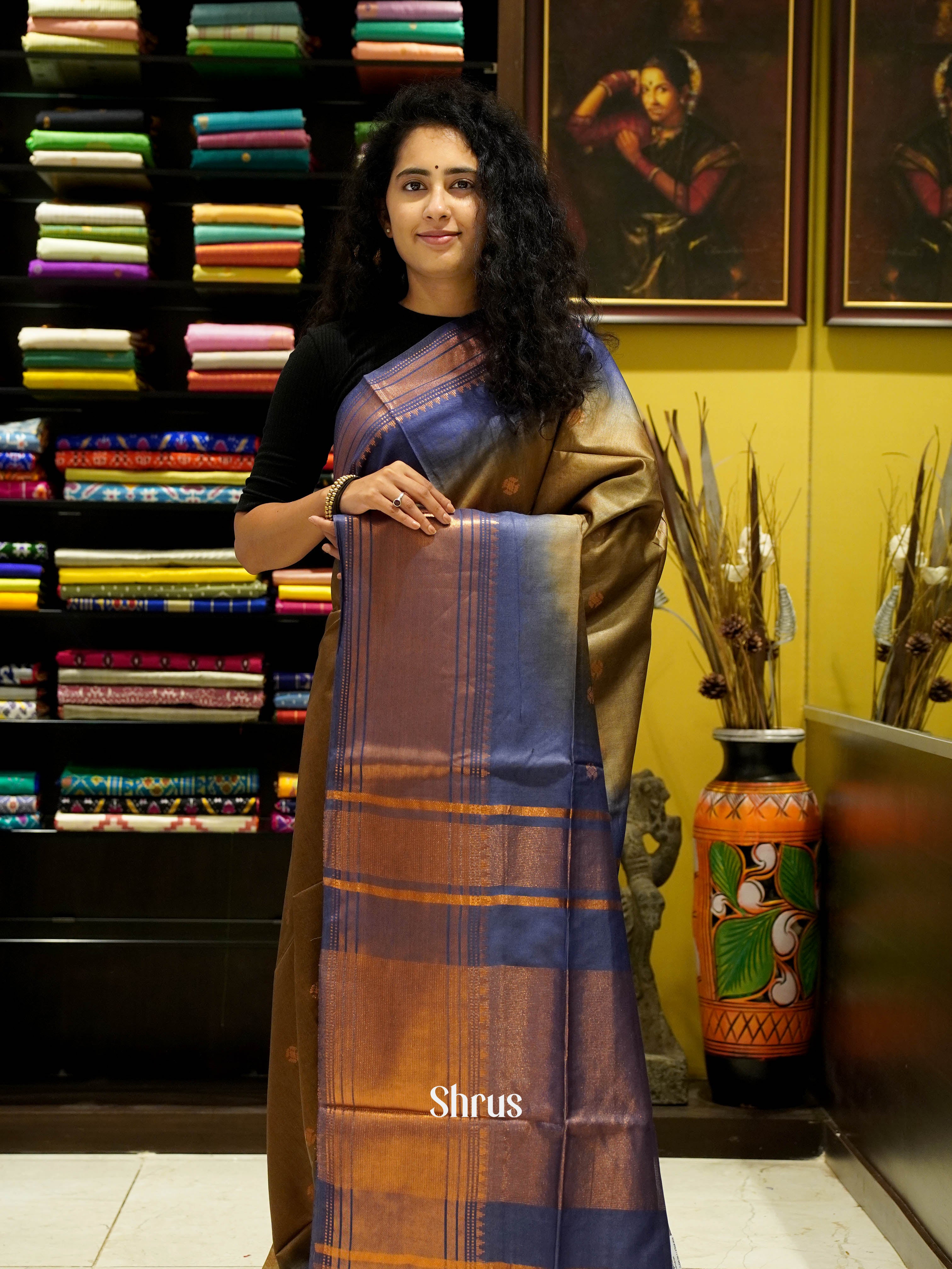 Army Green & Blue - Semi Tussar Saree - Shop on ShrusEternity.com