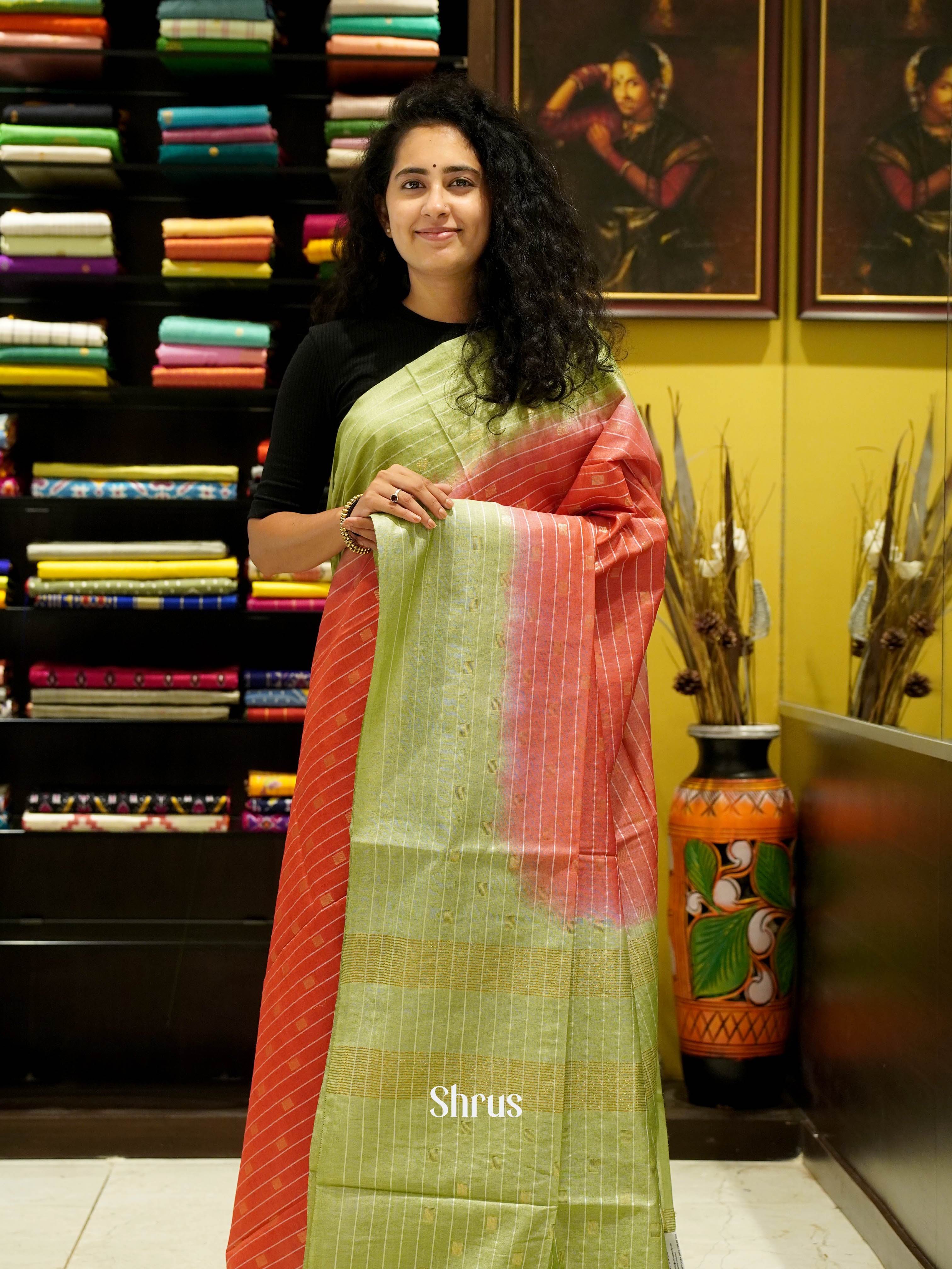 Red & Green - Semi Tussar Saree - Shop on ShrusEternity.com
