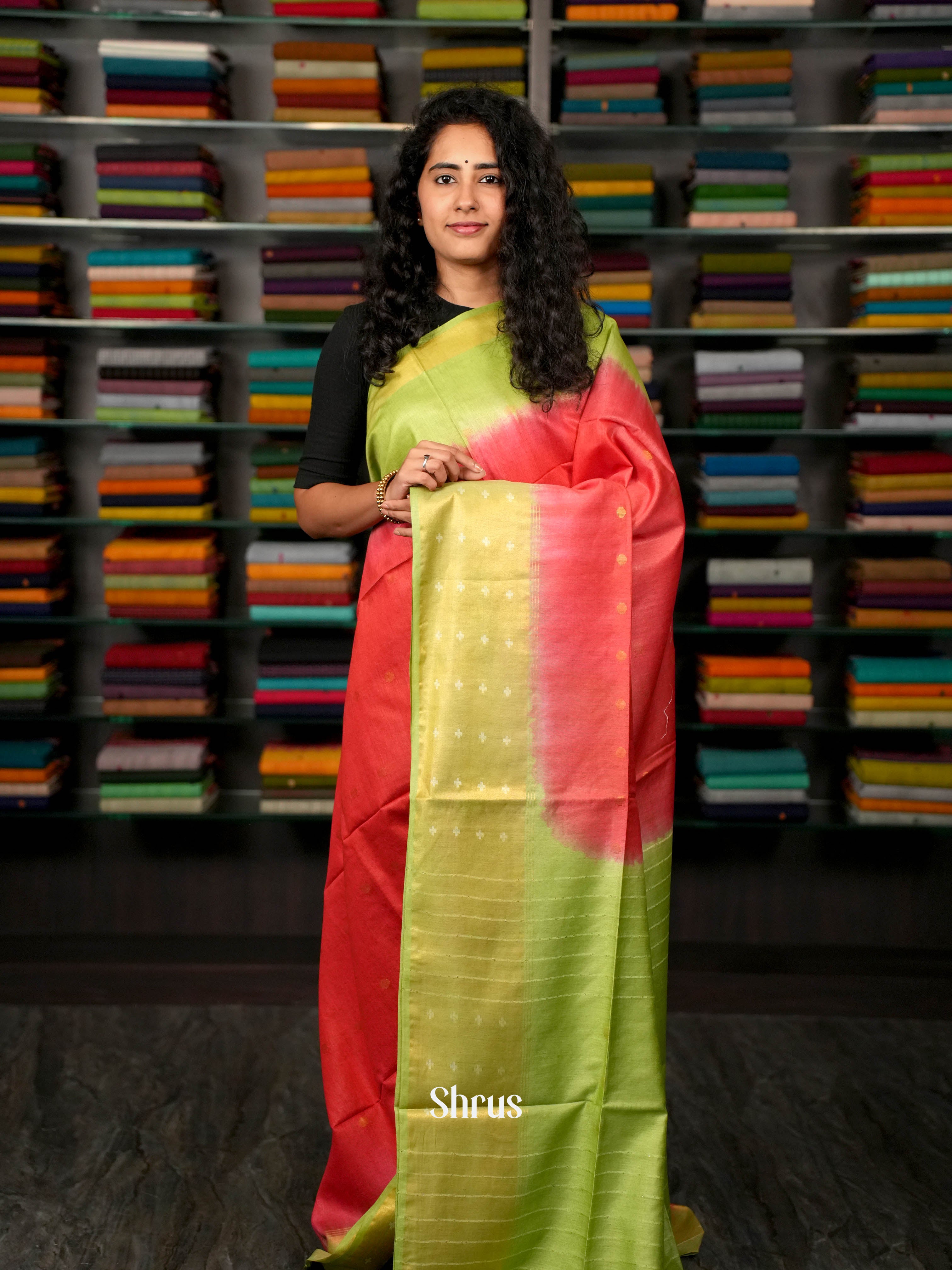 Rosy Red & Green - Semi Tussar Saree - Shop on ShrusEternity.com