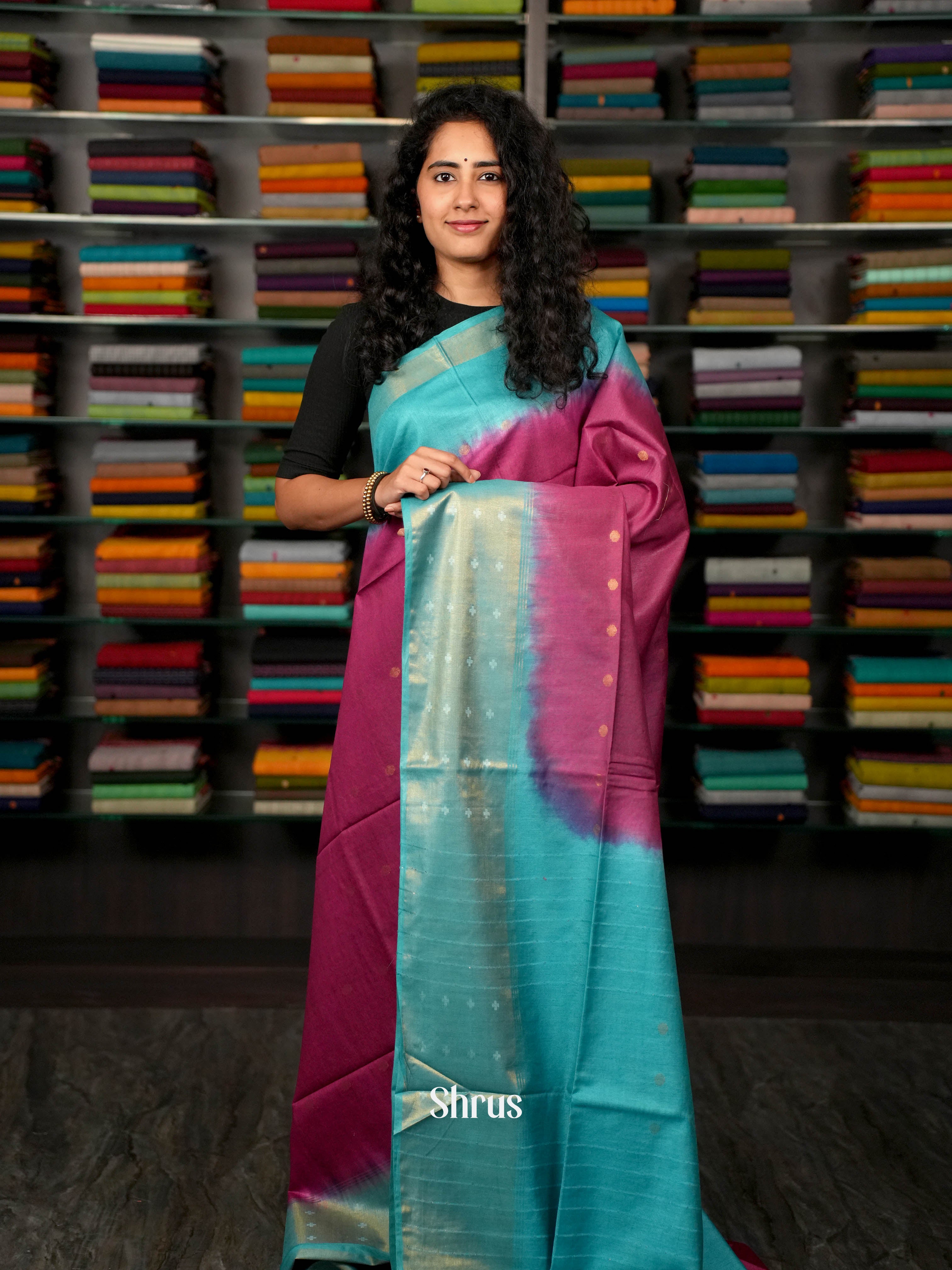 Purple & Teal Blue - Semi Tussar Saree - Shop on ShrusEternity.com