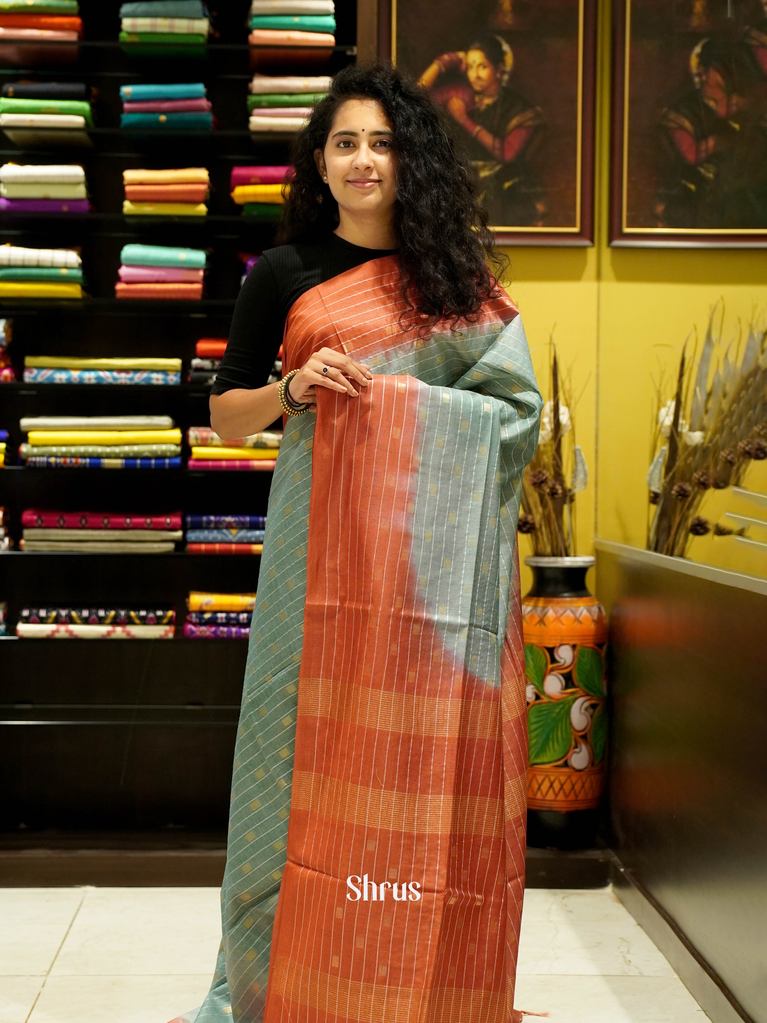 Grey & Brick - Semi Tussar Saree - Shop on ShrusEternity.com