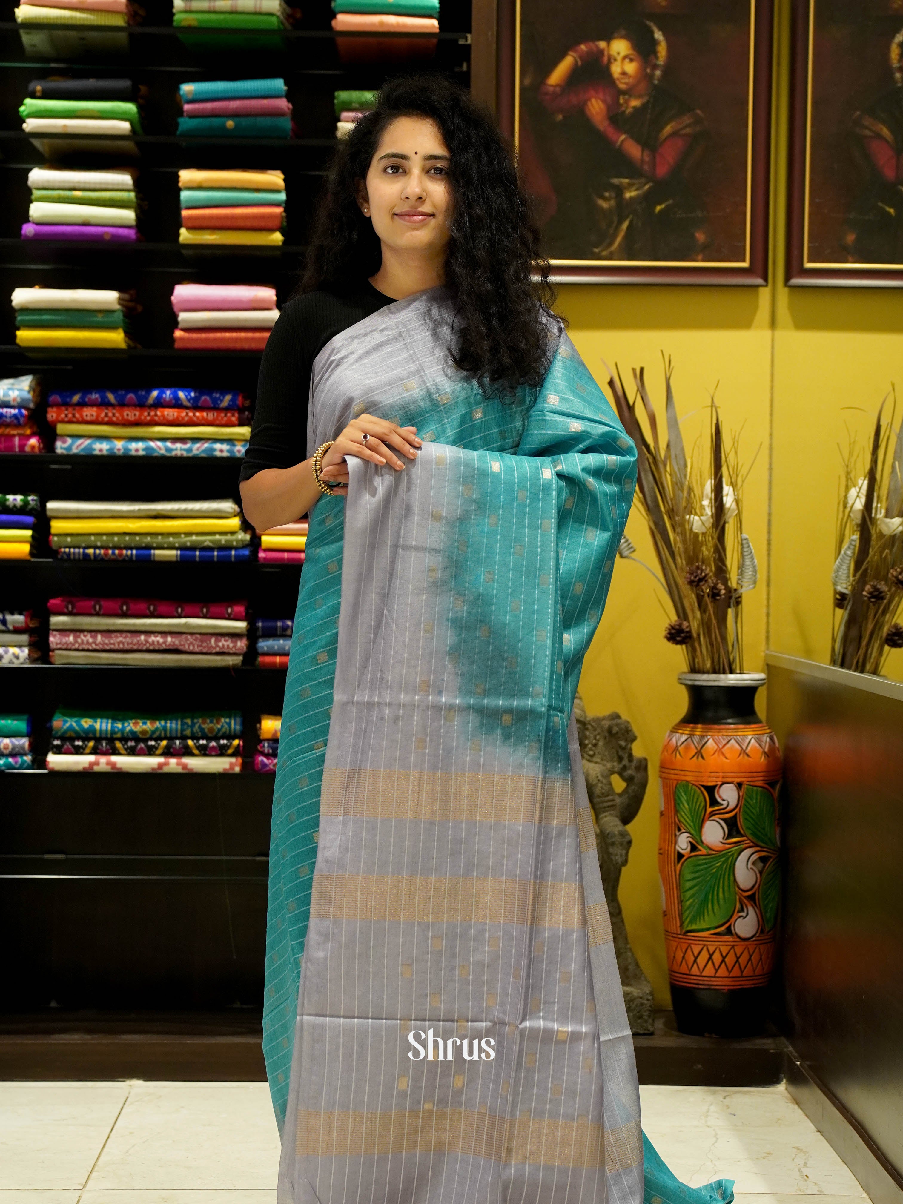 Teal & Grey - Semi Tussar Saree - Shop on ShrusEternity.com