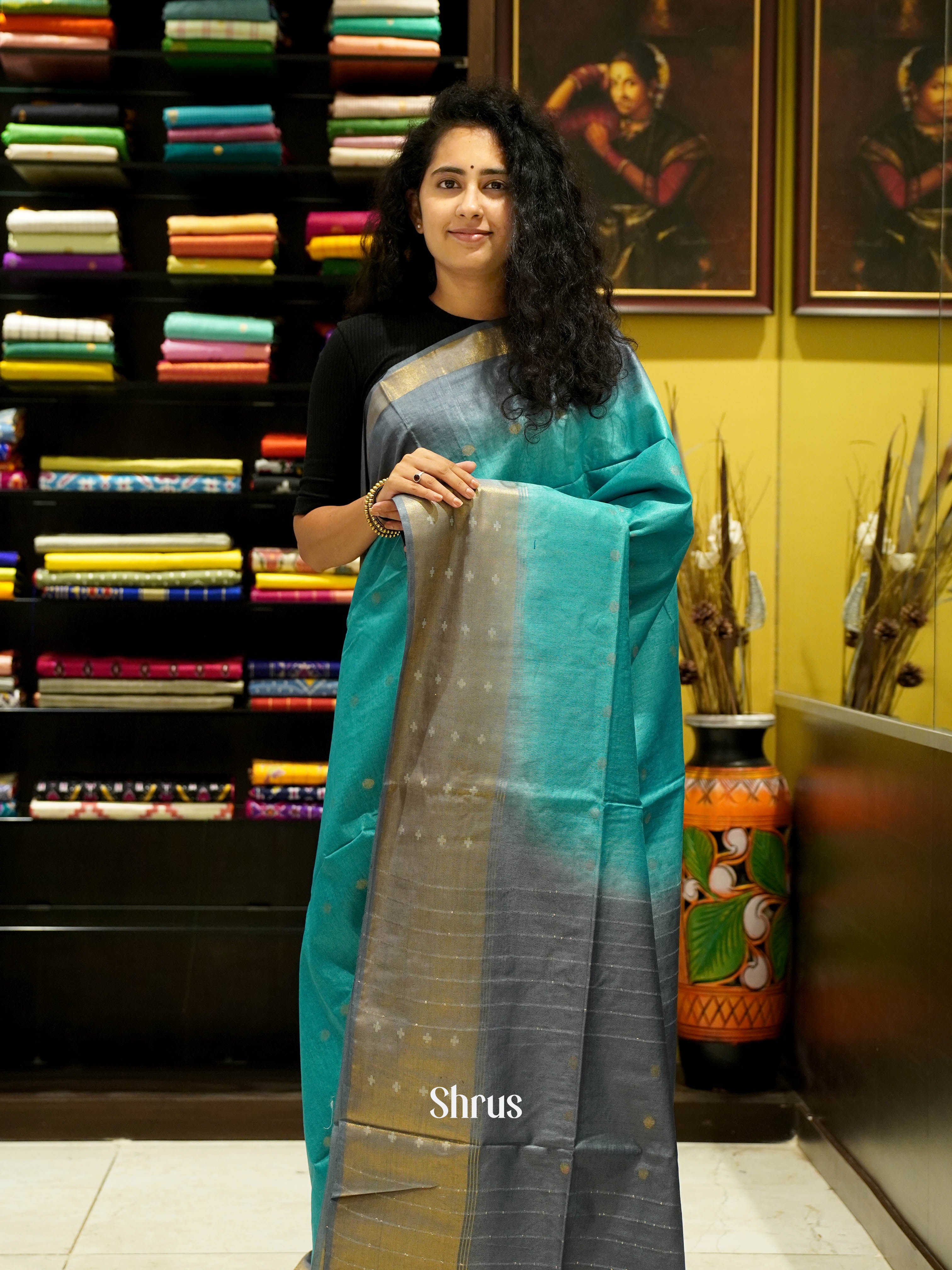Teal & Grey - Semi Tussar Saree - Shop on ShrusEternity.com