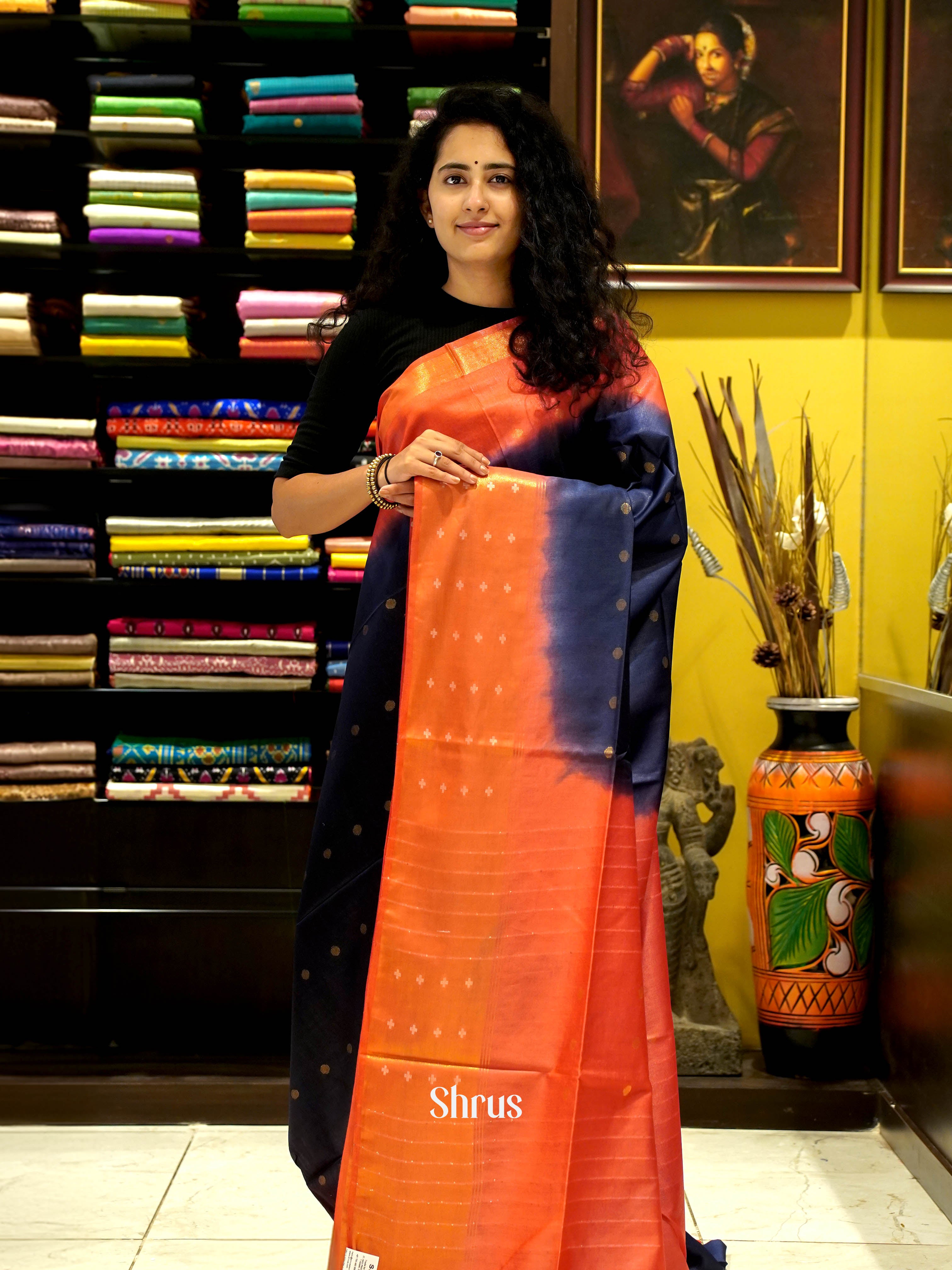 Blue & Red - Semi Tussar Saree - Shop on ShrusEternity.com