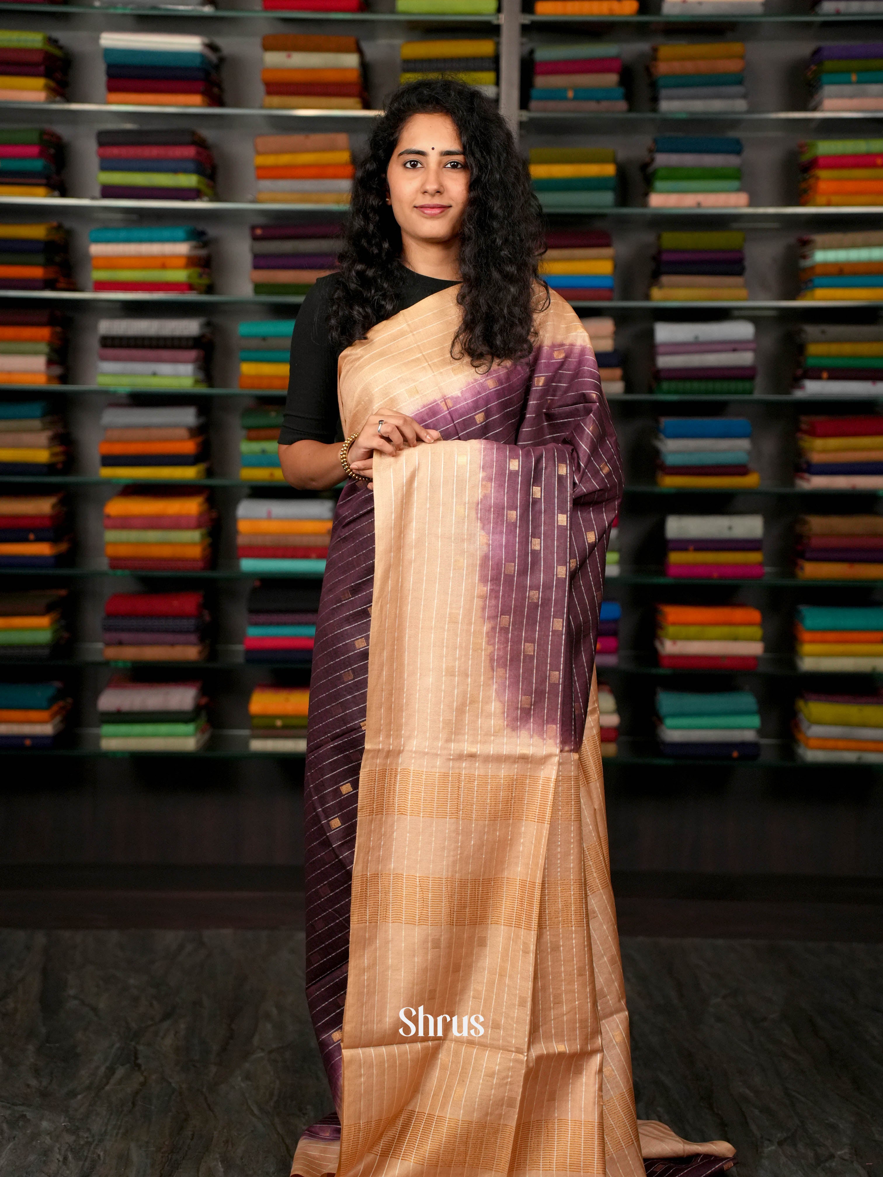 Purple & Cream - Semi Tussar Saree - Shop on ShrusEternity.com