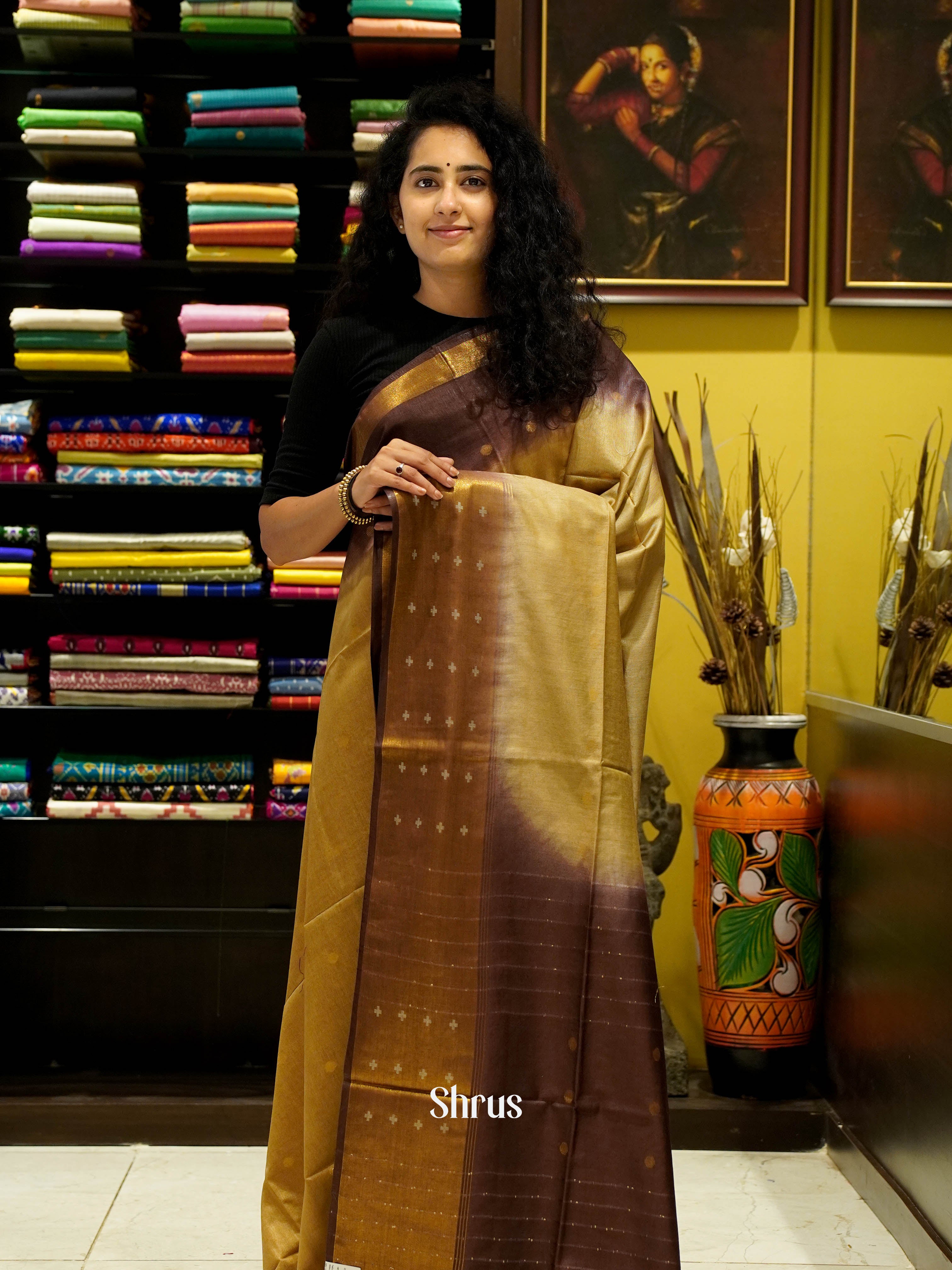 Beige & Brown - Semi Tussar Saree - Shop on ShrusEternity.com