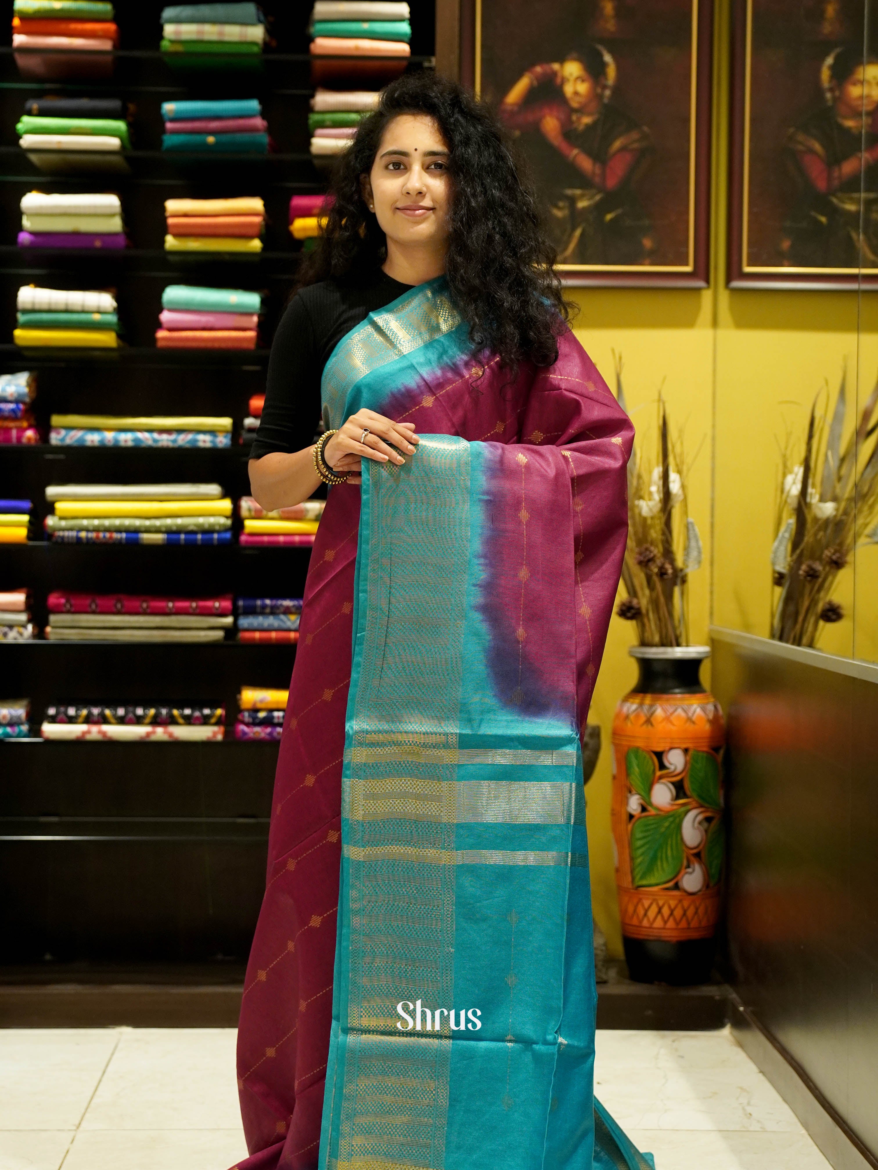 Maroon & Teal - Semi Tussar Saree - Shop on ShrusEternity.com