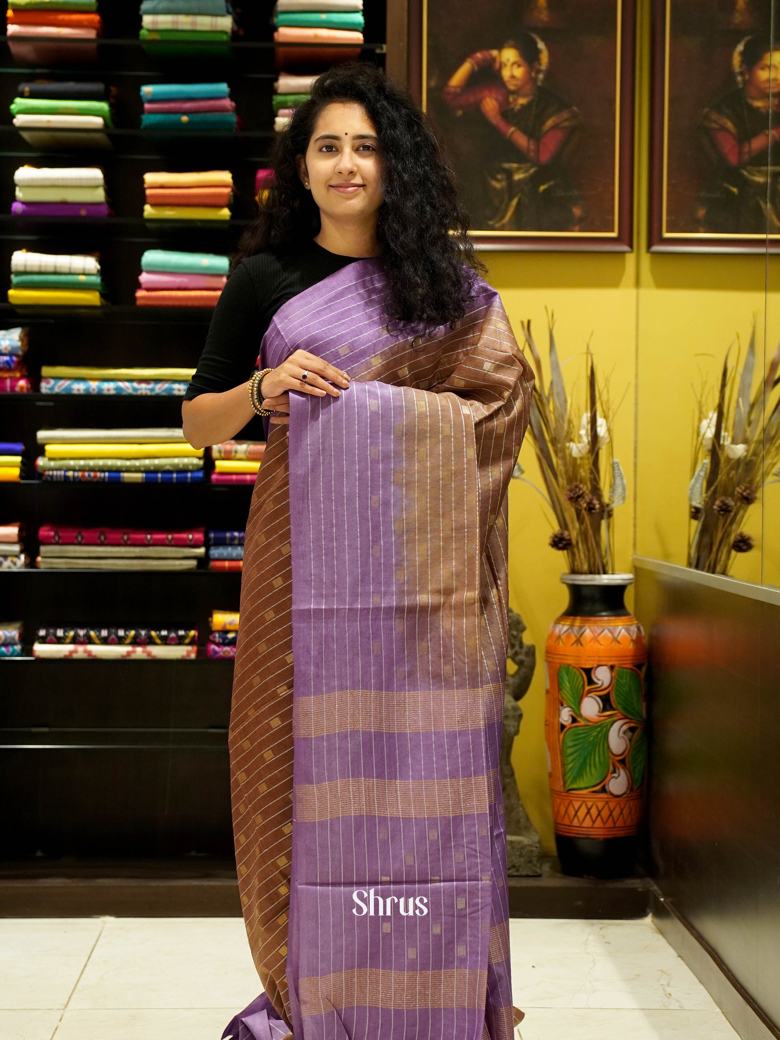 Brown & Purple - Semi Tussar Saree - Shop on ShrusEternity.com