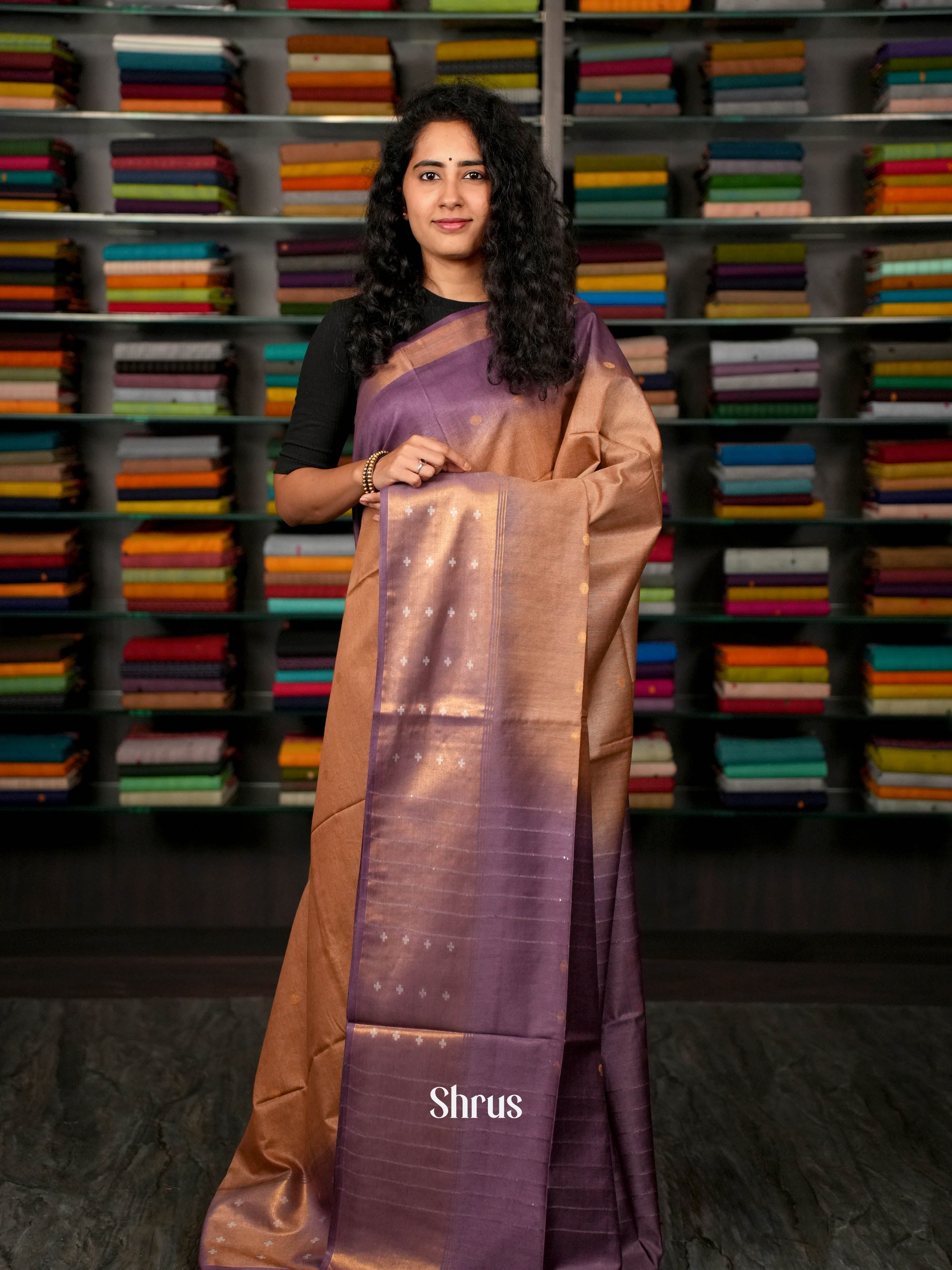 Brown & Purple - Semi Tussar Saree - Shop on ShrusEternity.com