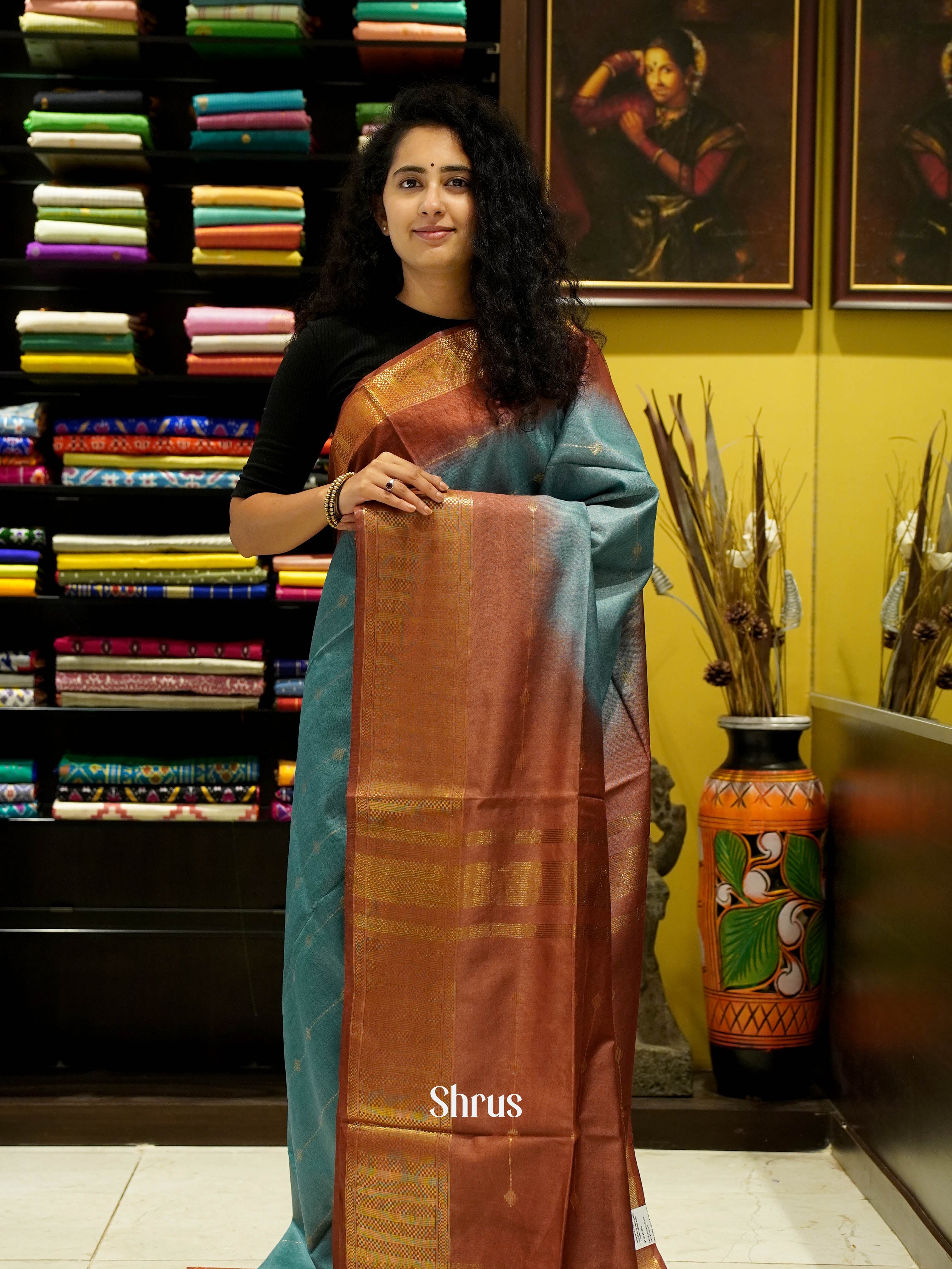 Teal & Maroon - Semi Tussar Saree - Shop on ShrusEternity.com