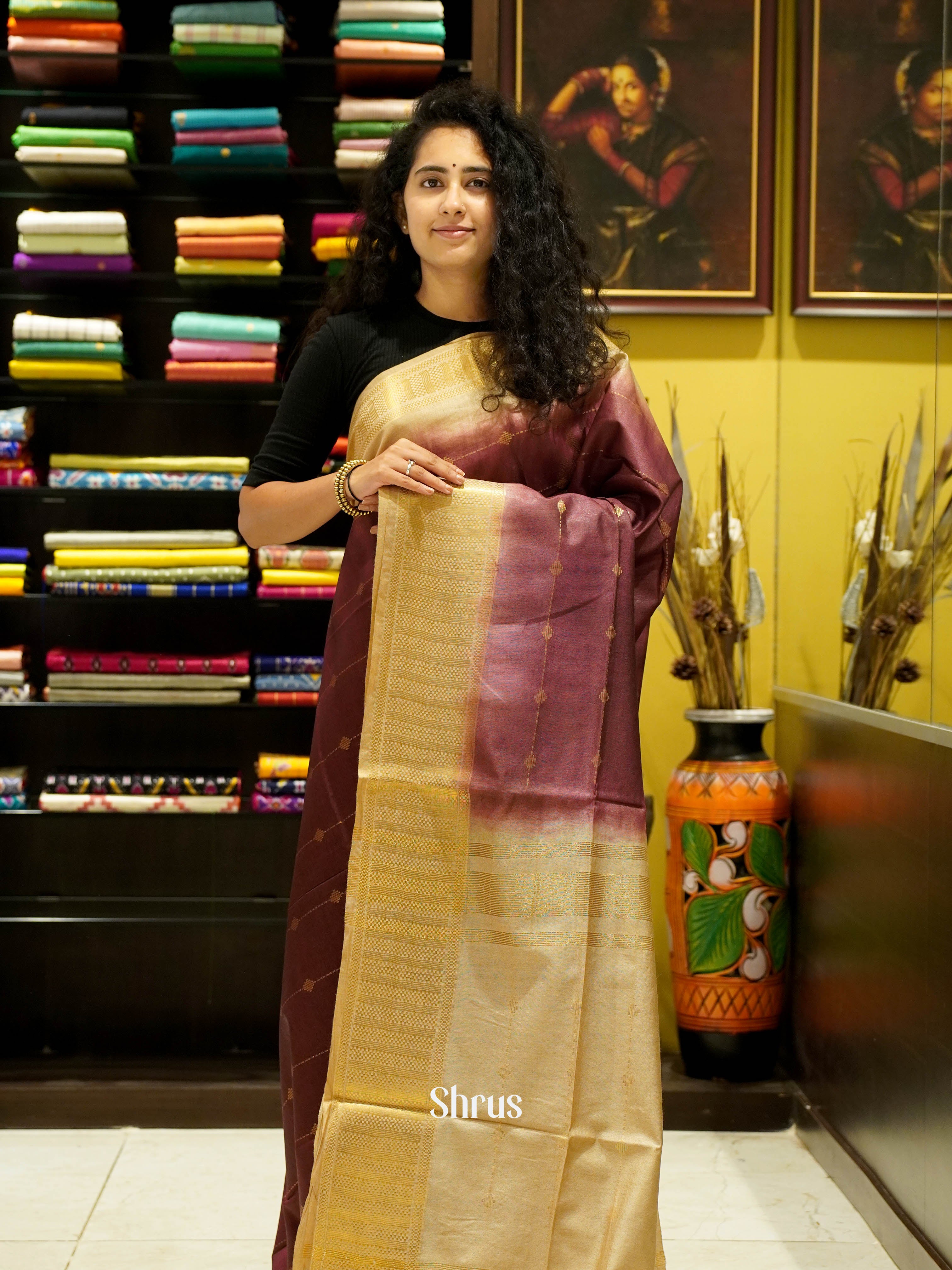 Brown & Beige - Semi Tussar Saree - Shop on ShrusEternity.com