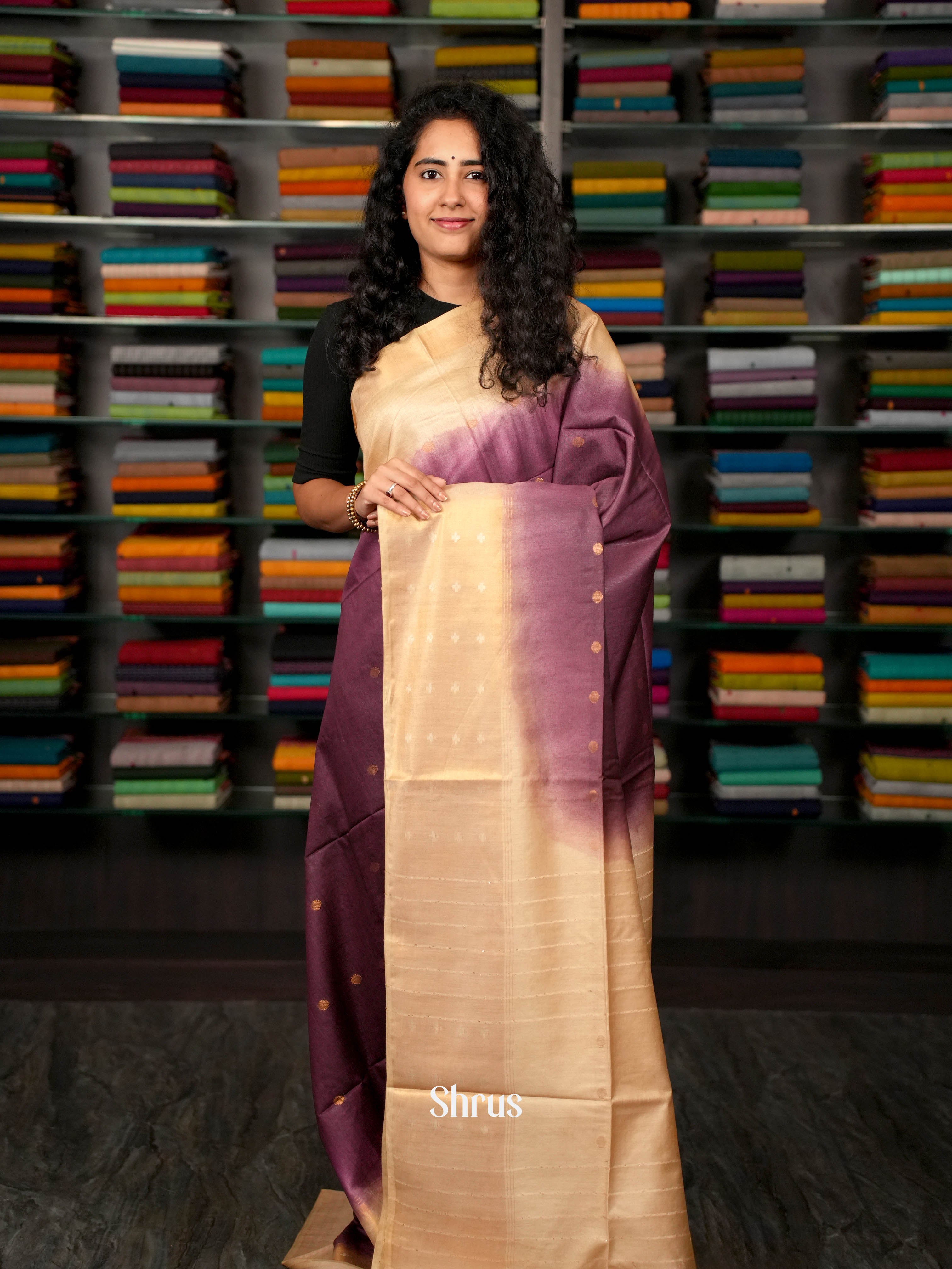 Purple & Cream - Semi Tussar Saree - Shop on ShrusEternity.com