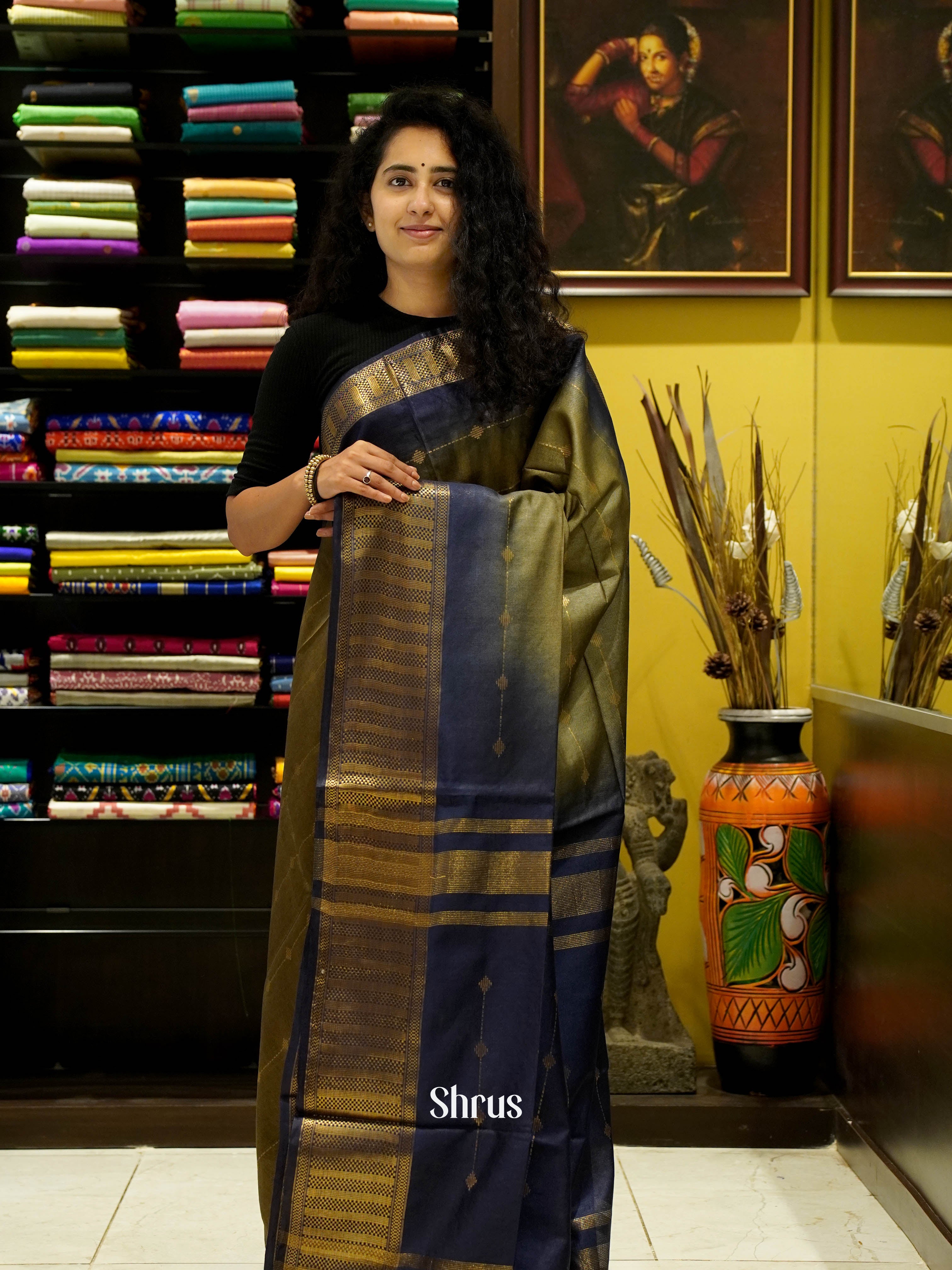 Mehandi Green & Blue - Semi Tussar Saree - Shop on ShrusEternity.com