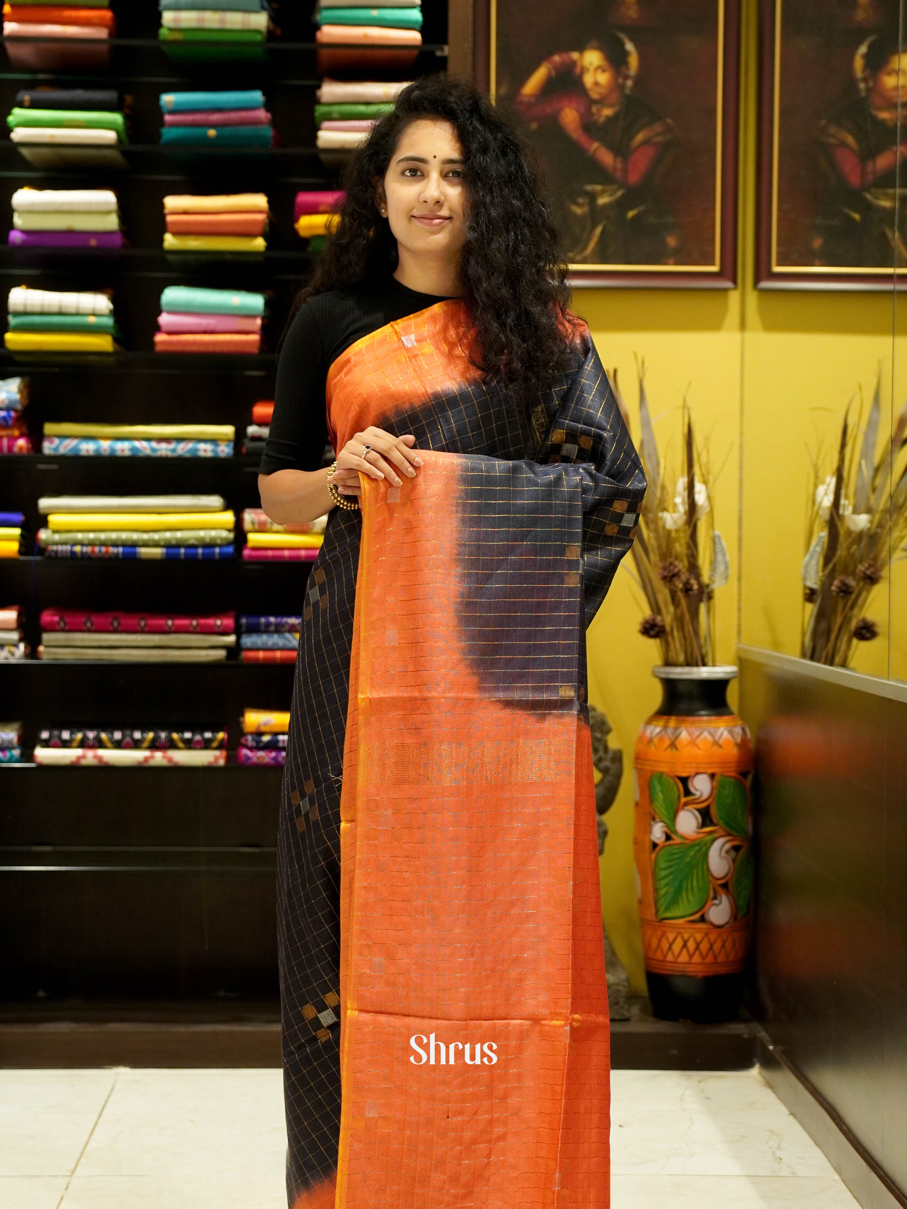 Black & Red - Semi Tussar Saree - Shop on ShrusEternity.com