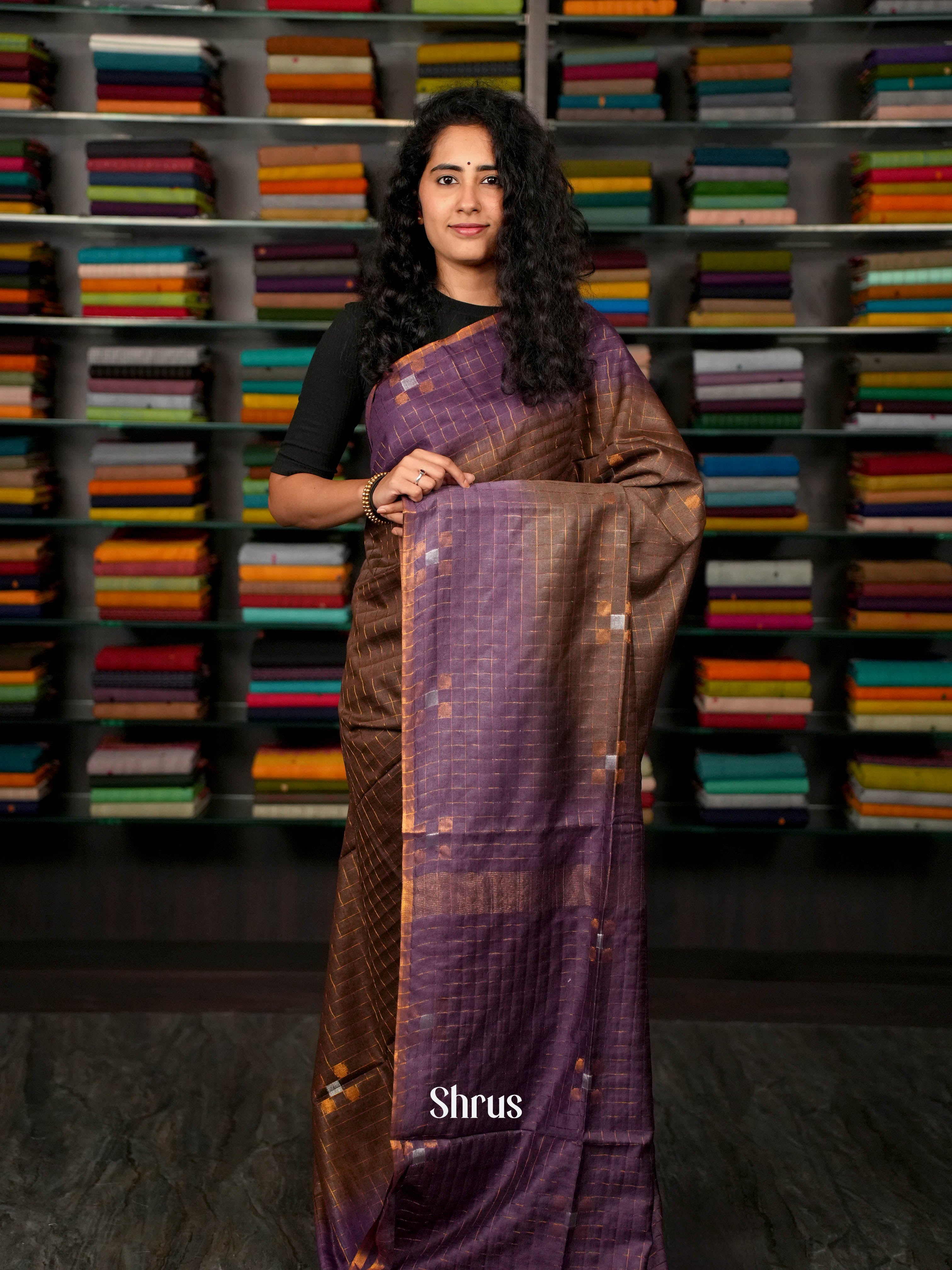Brown & Purple - Semi Tussar Saree - Shop on ShrusEternity.com