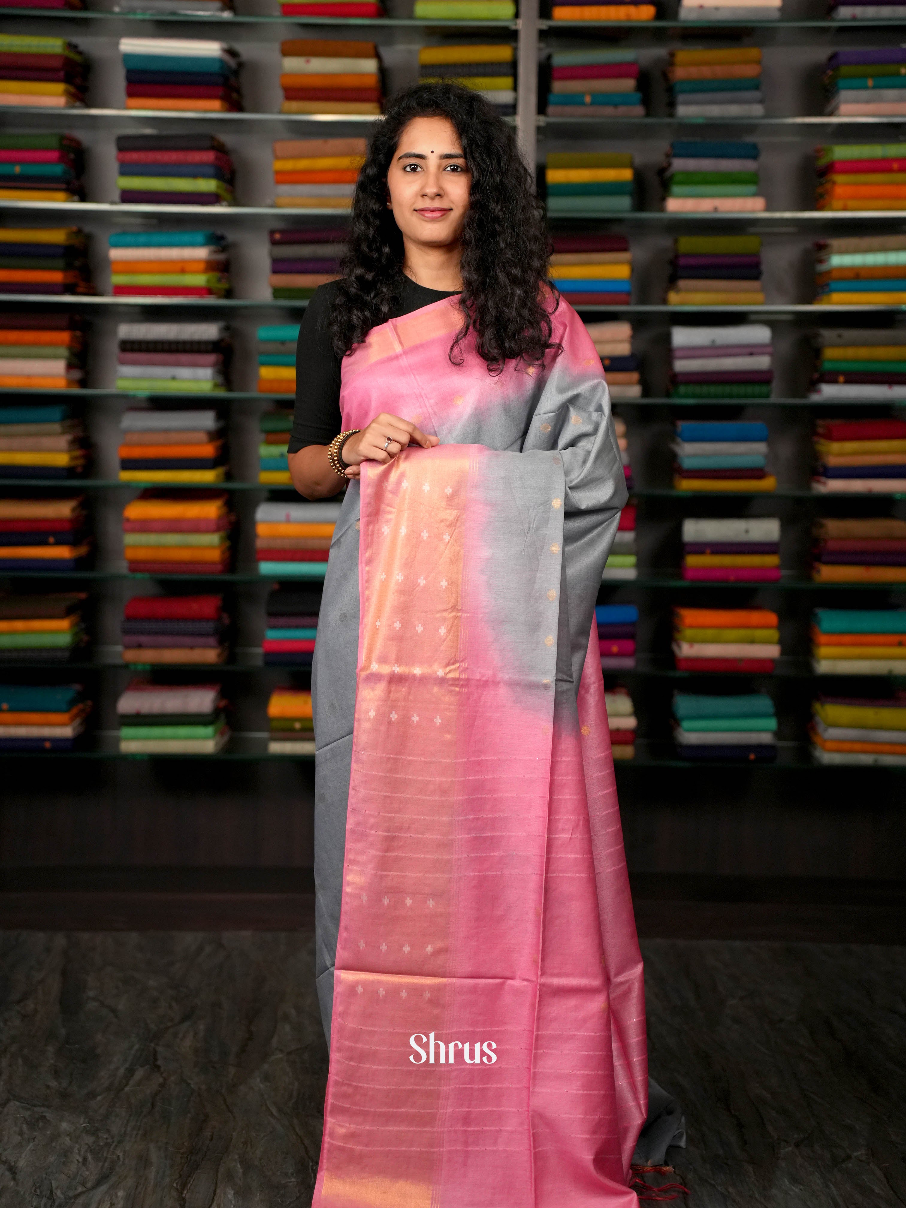 Grey & Pink - Semi Tussar Saree - Shop on ShrusEternity.com