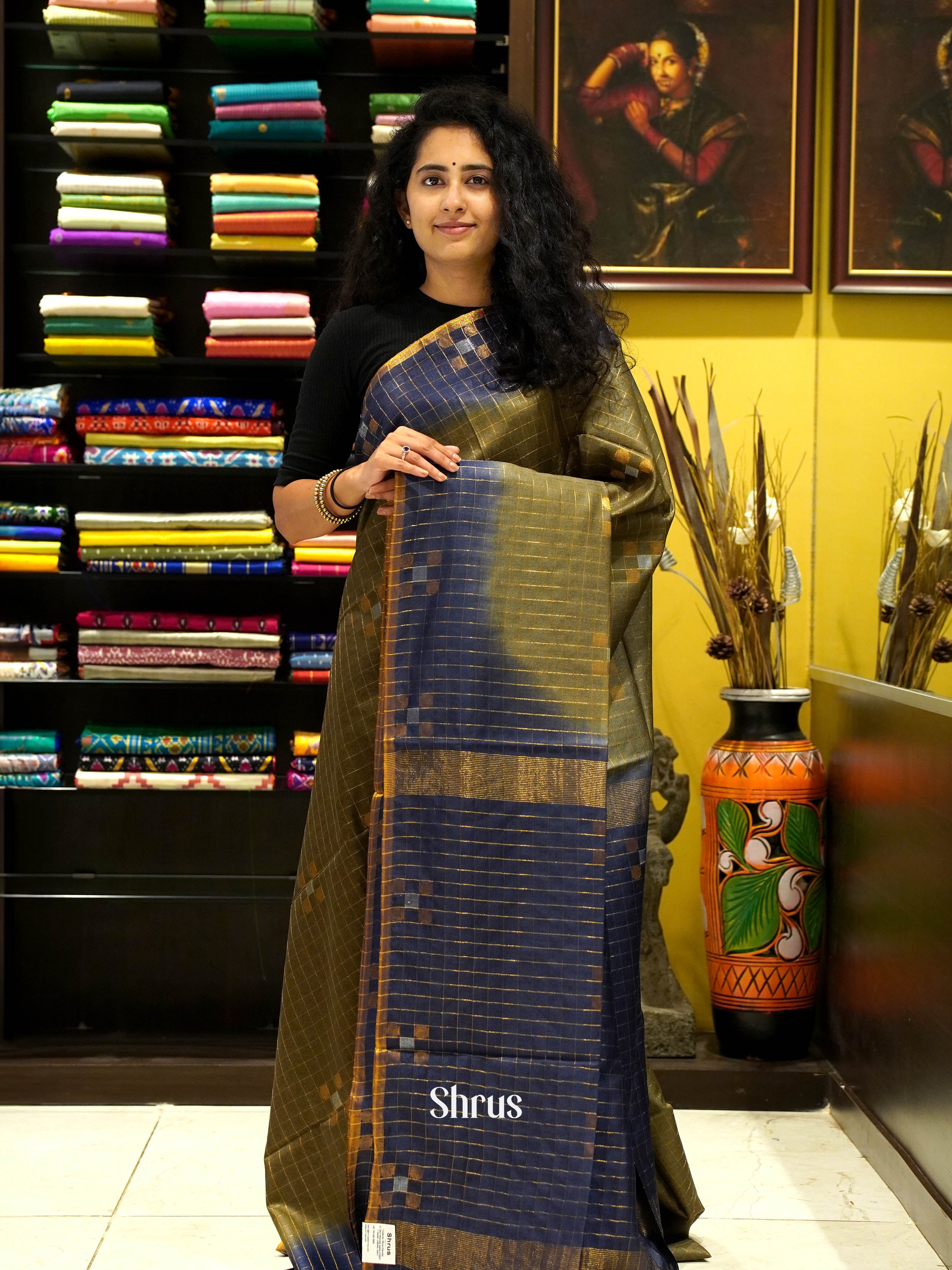 Mehandi Green & Blue - Semi Tussar Saree - Shop on ShrusEternity.com