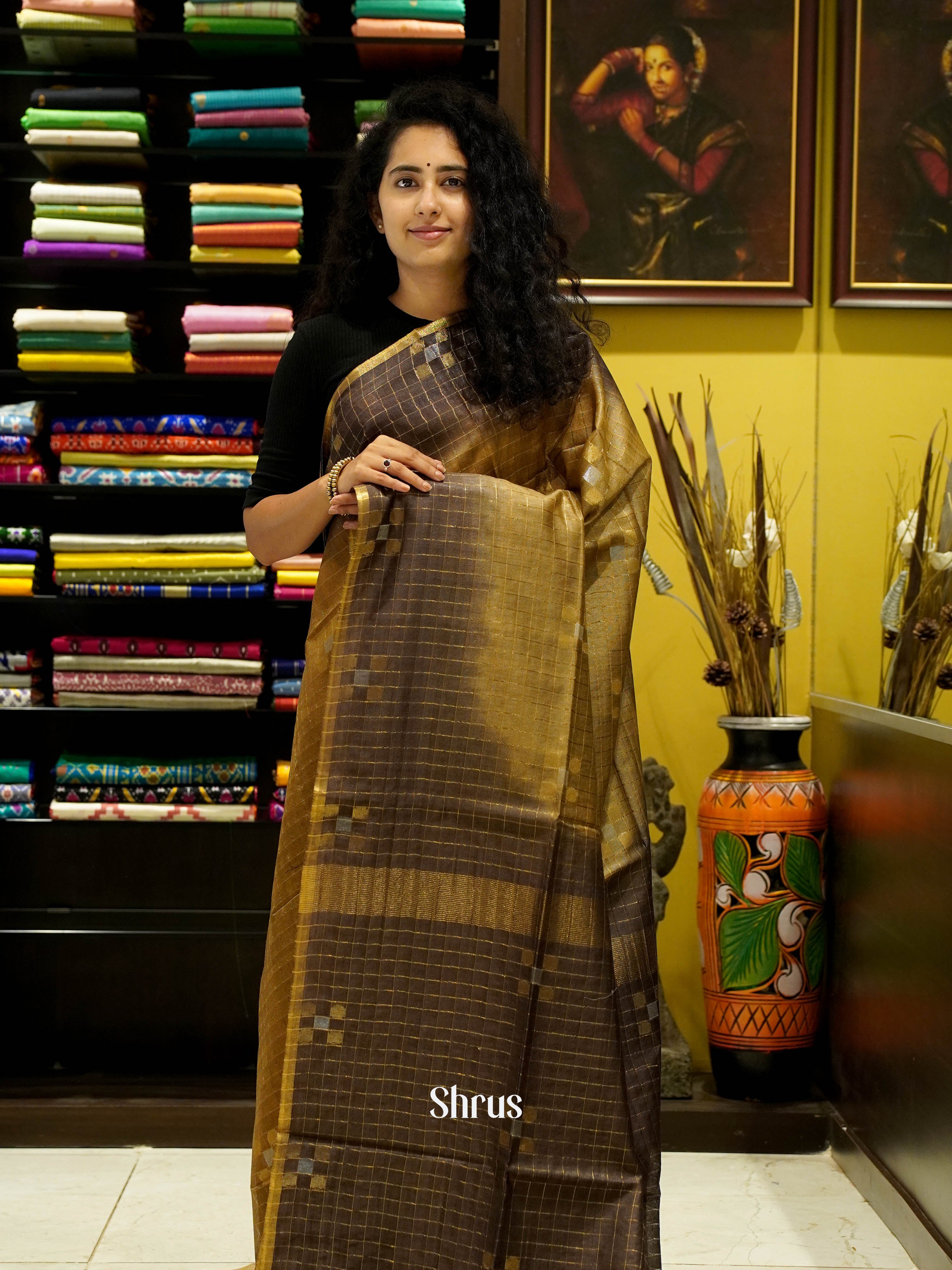 Mehandi Green & Brown - Semi Tussar Saree - Shop on ShrusEternity.com