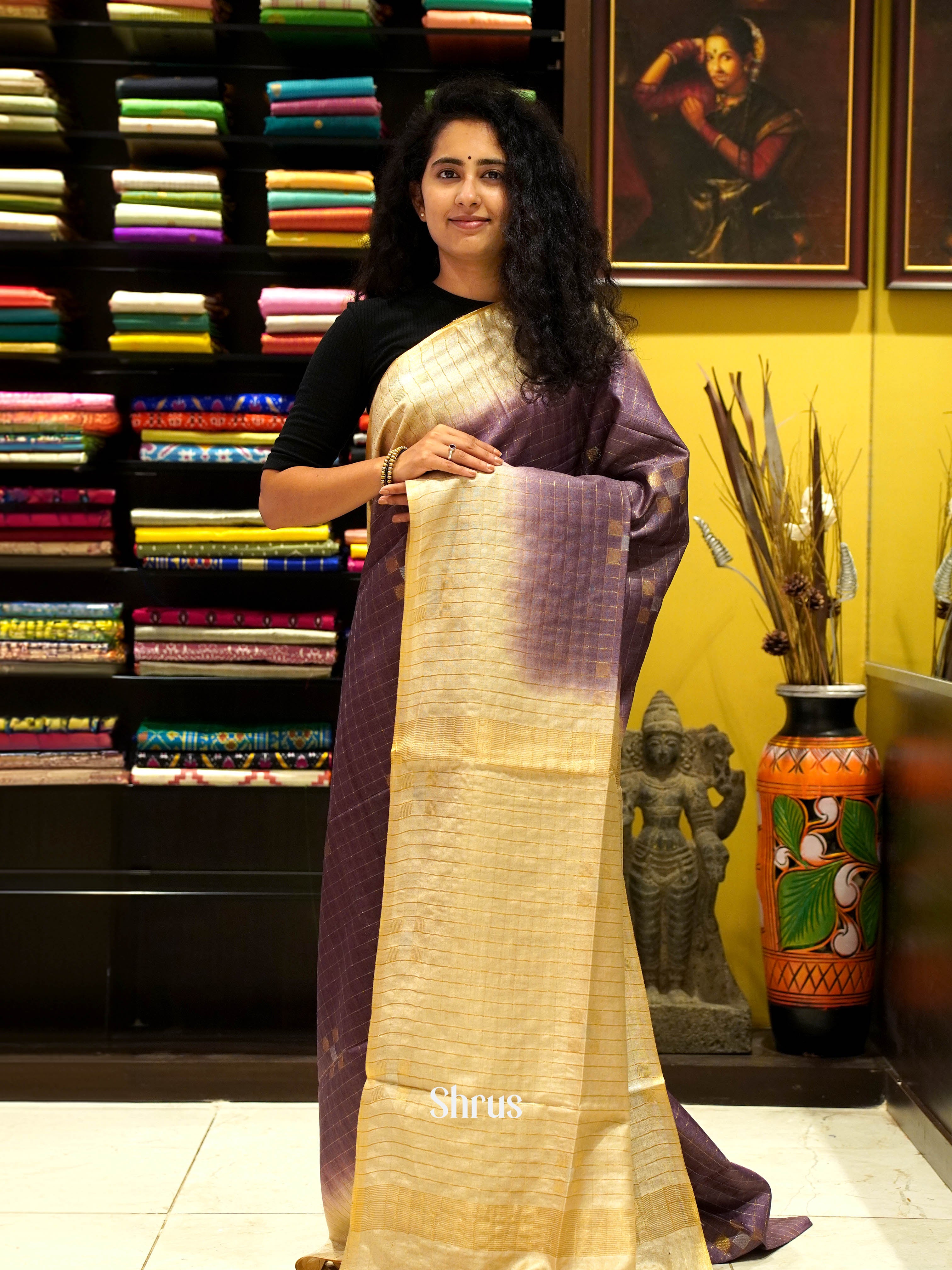 Dark Violet & Cream - Semi Tussar Saree - Shop on ShrusEternity.com