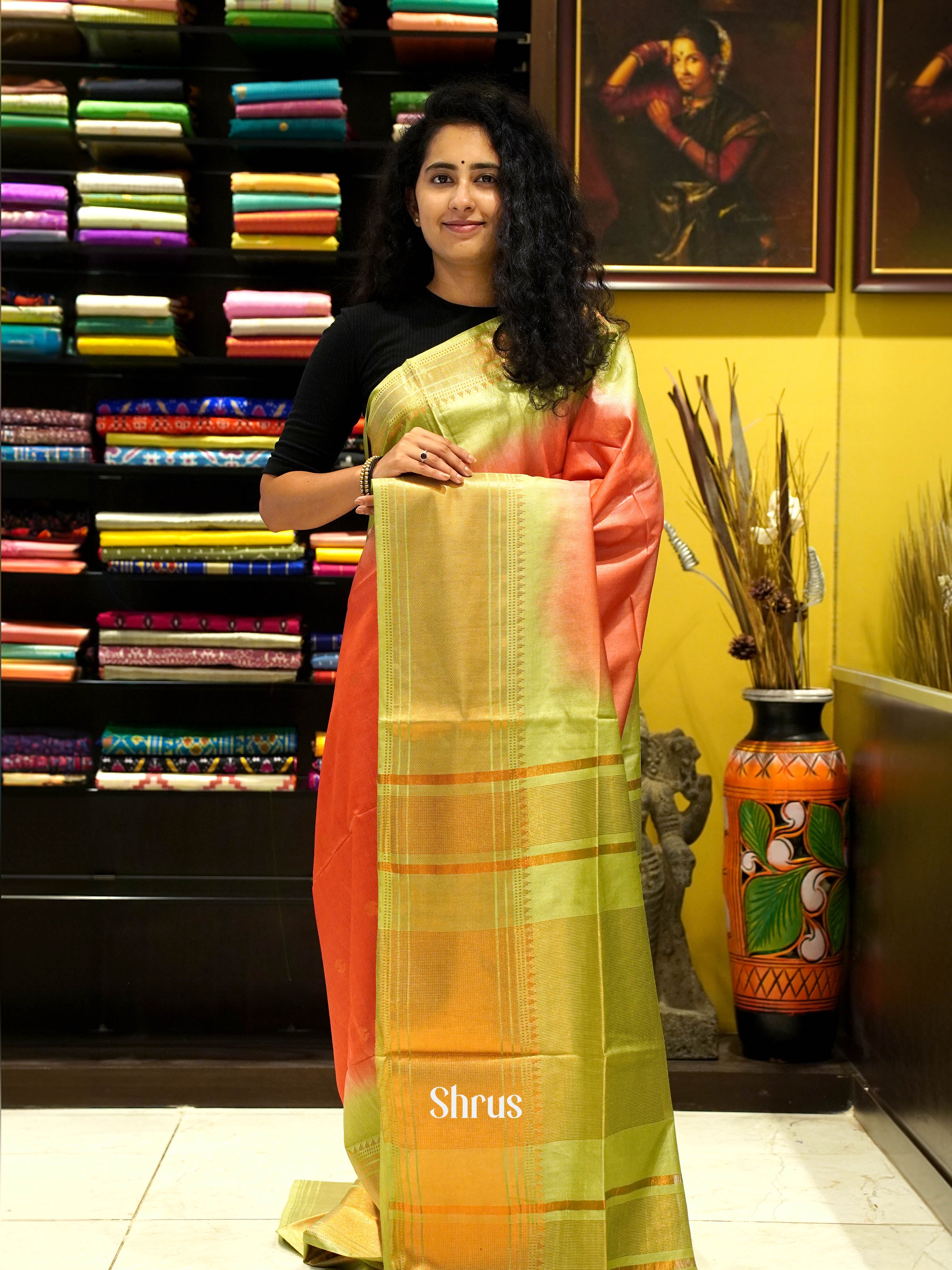 Pink & Green - Semi Tussar Saree - Shop on ShrusEternity.com