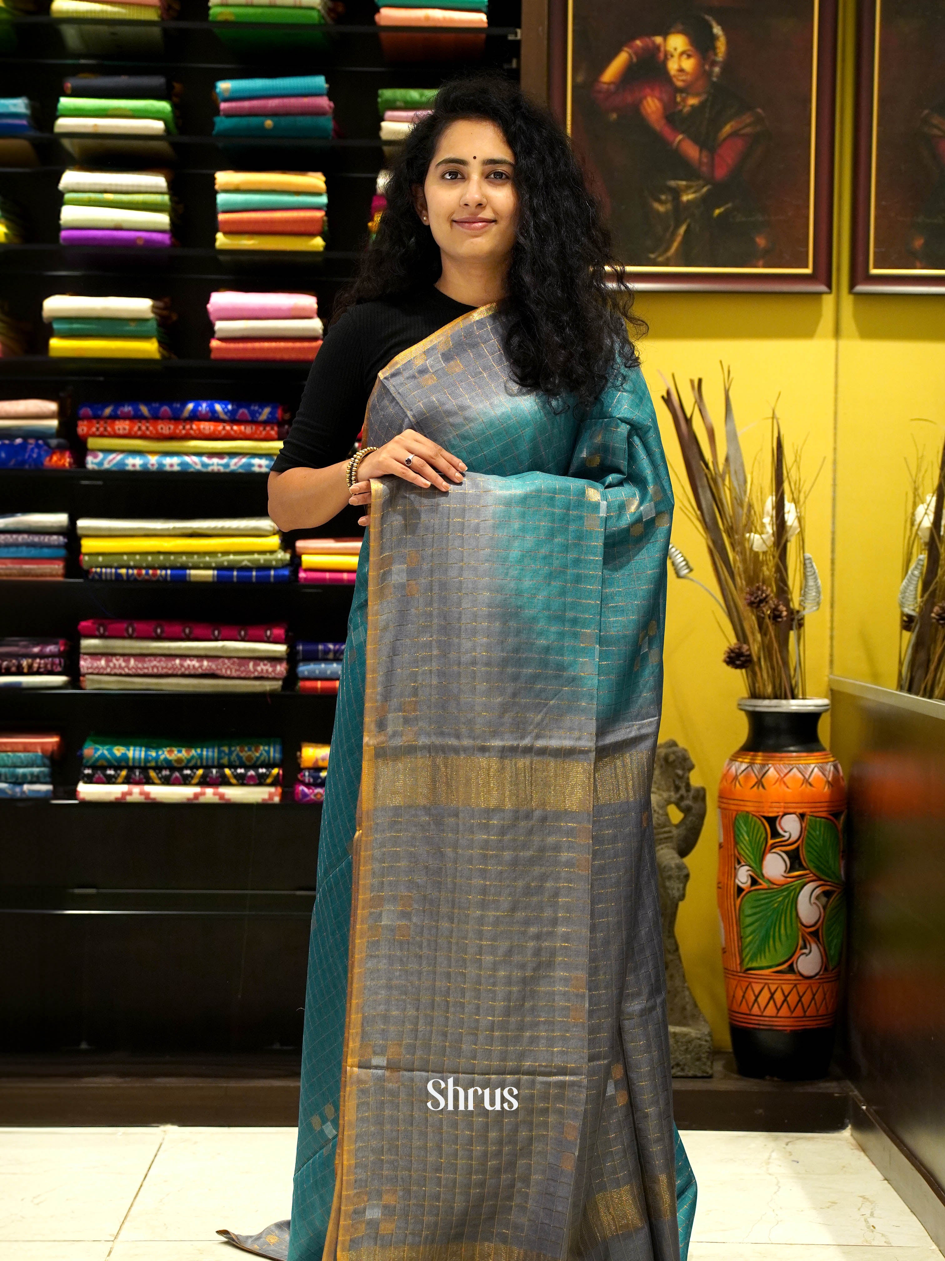 Teal & Grey- Semi Tussar Saree - Shop on ShrusEternity.com