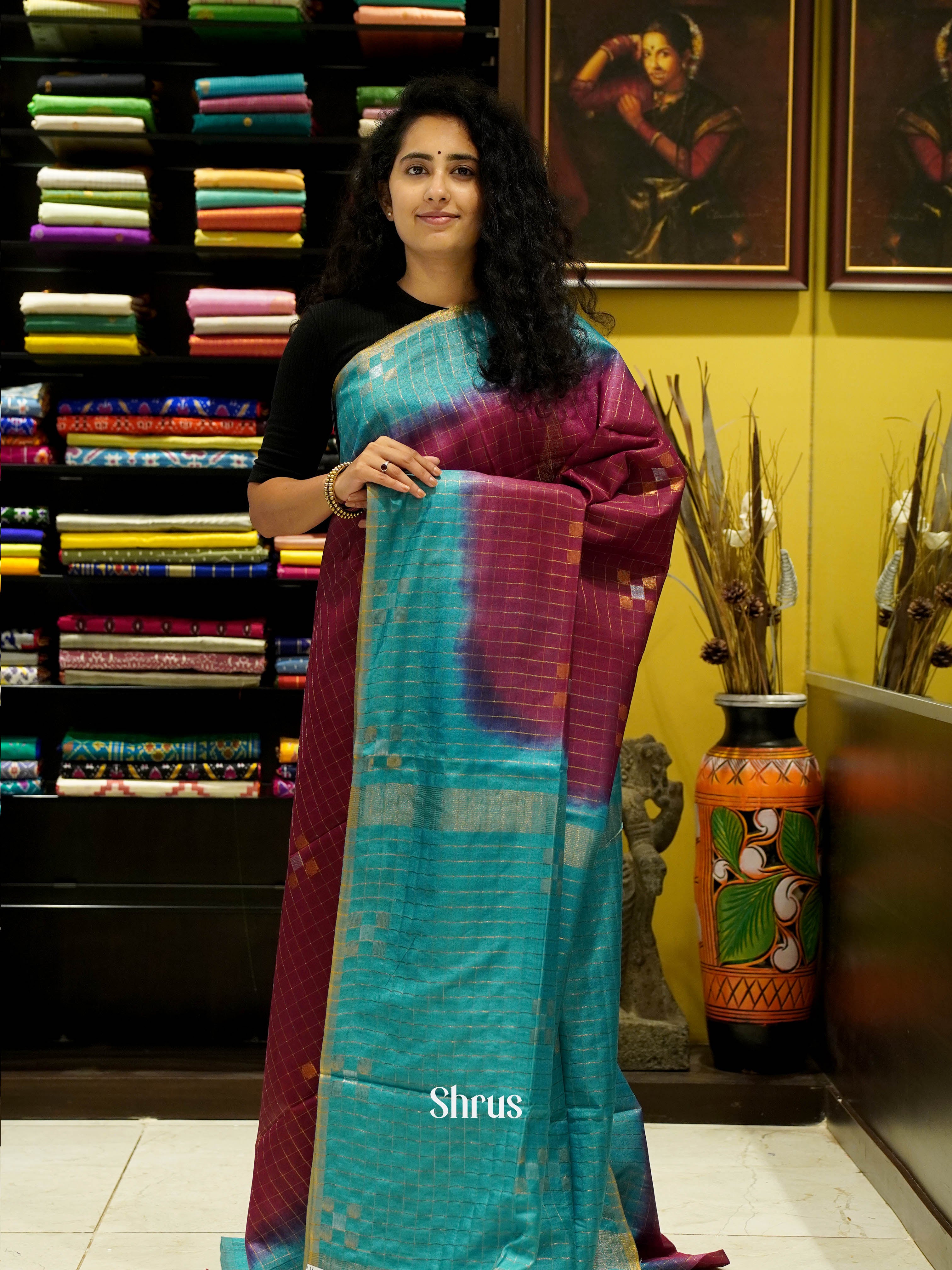 Maroon & Bluish Green - Semi Tussar Saree - Shop on ShrusEternity.com