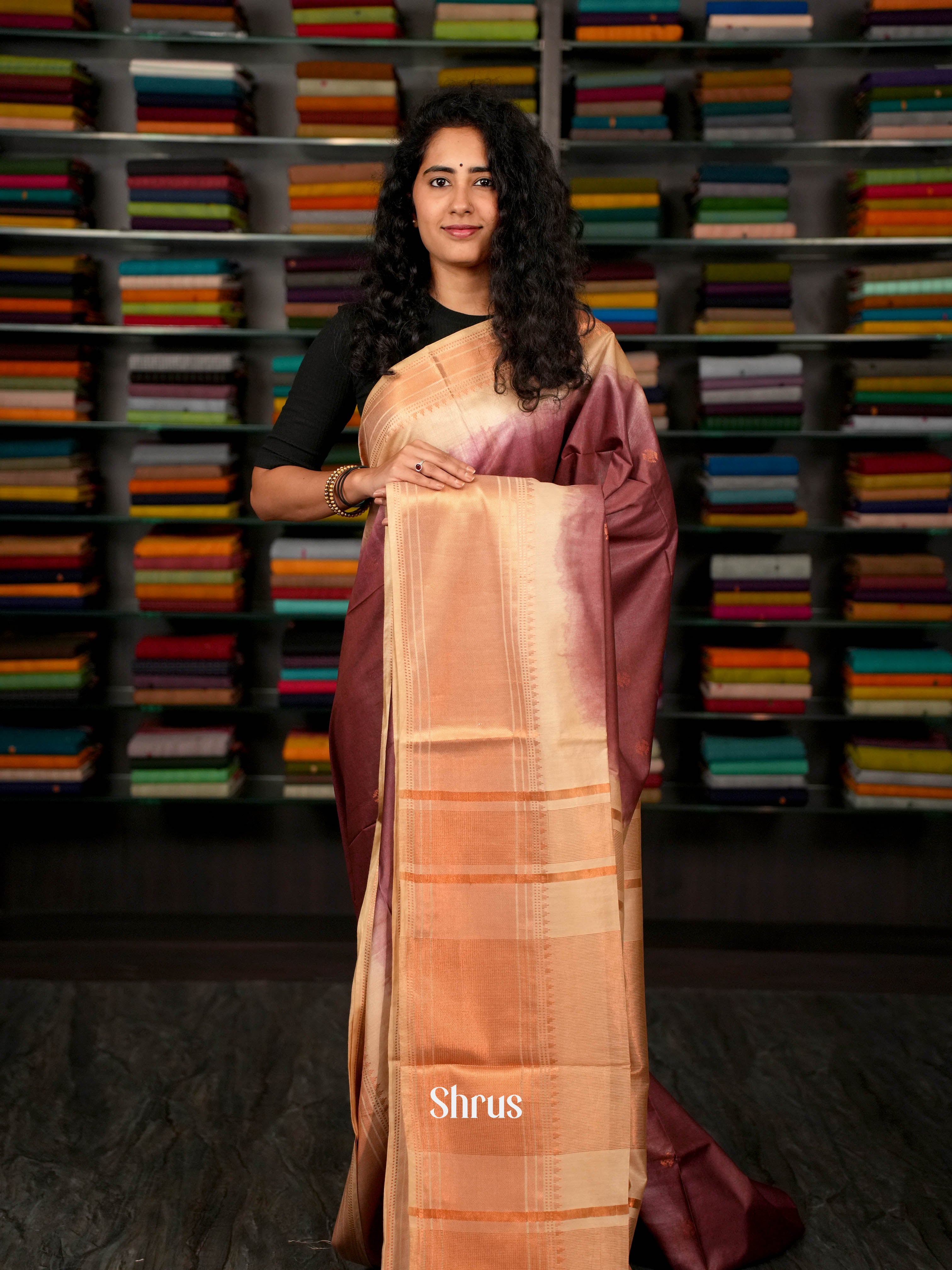 Purple & Cream - Semi Tussar Saree - Shop on ShrusEternity.com