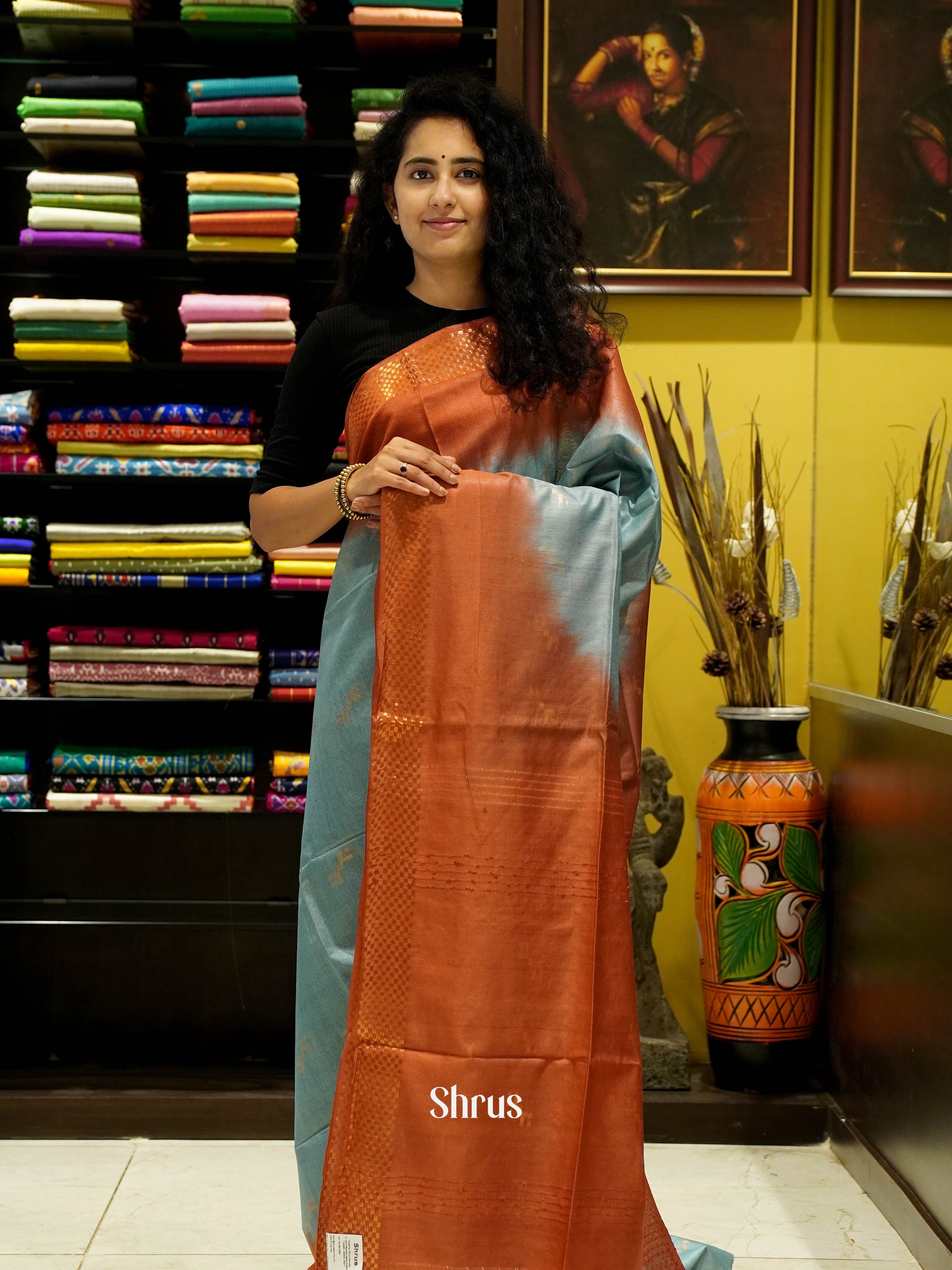 grey & Red - Semi Tussar Saree - Shop on ShrusEternity.com