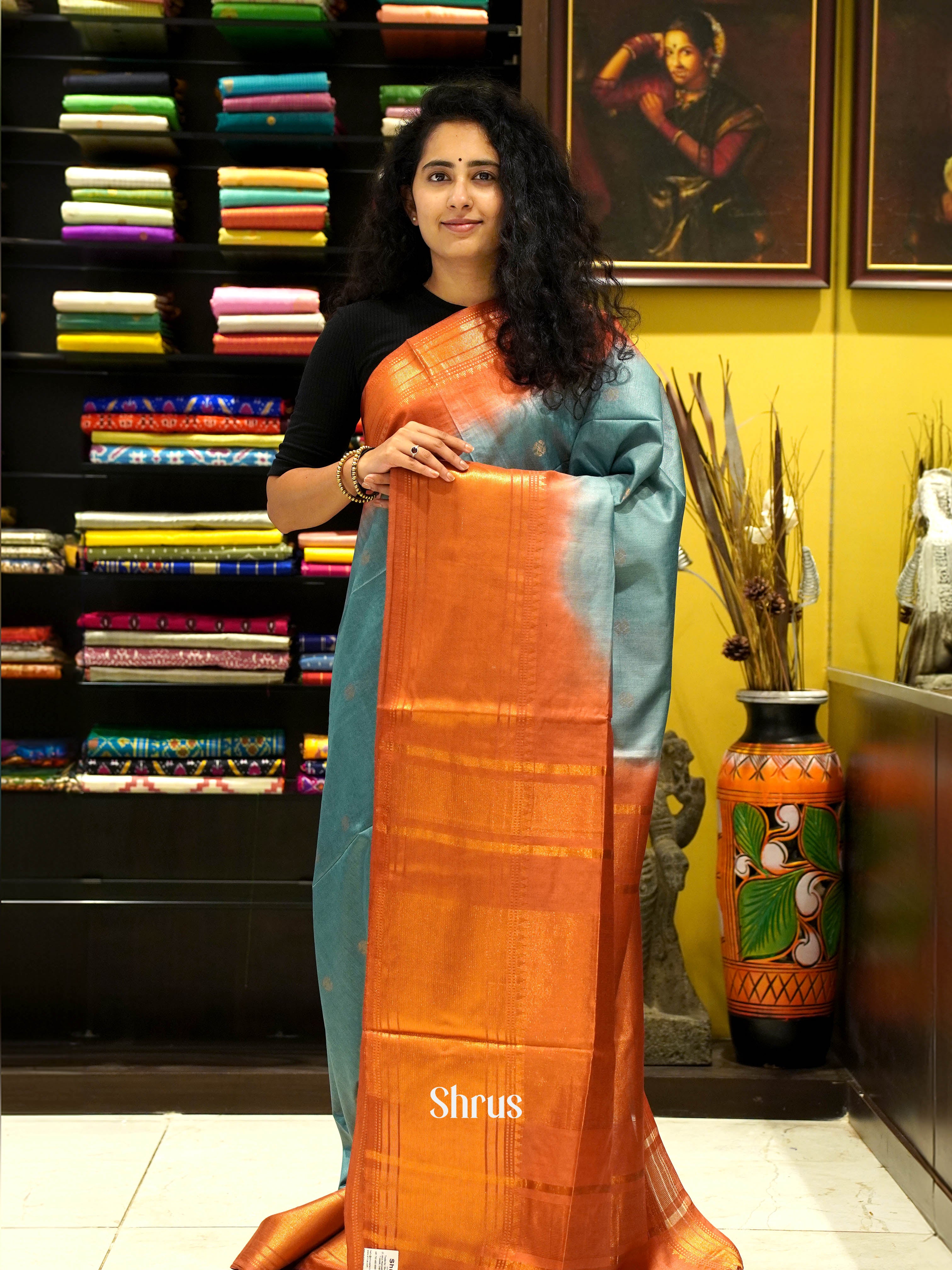 Teal & Orange - Semi Tussar Saree - Shop on ShrusEternity.com