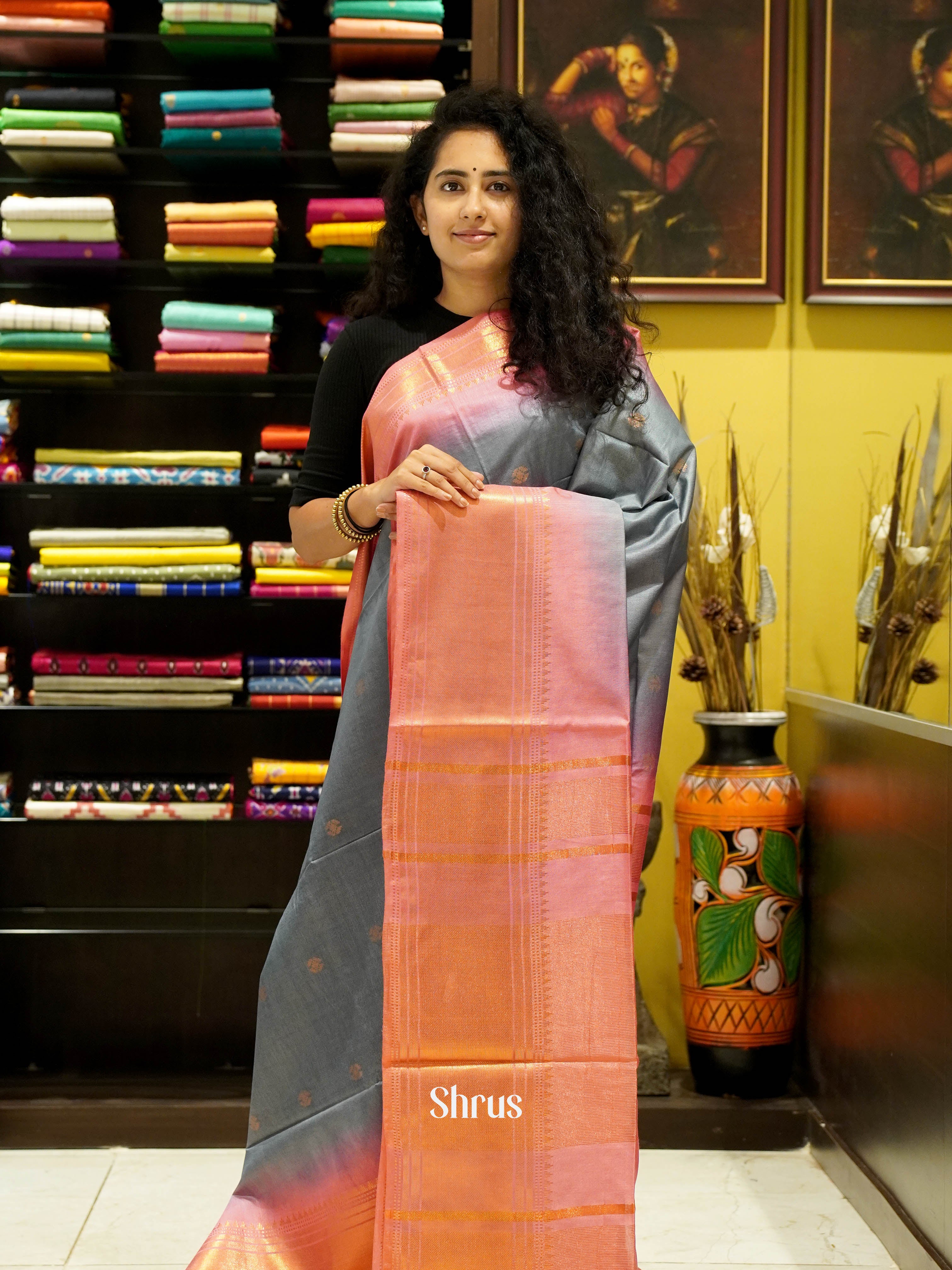 Grey & Peach - Semi Tussar Saree - Shop on ShrusEternity.com