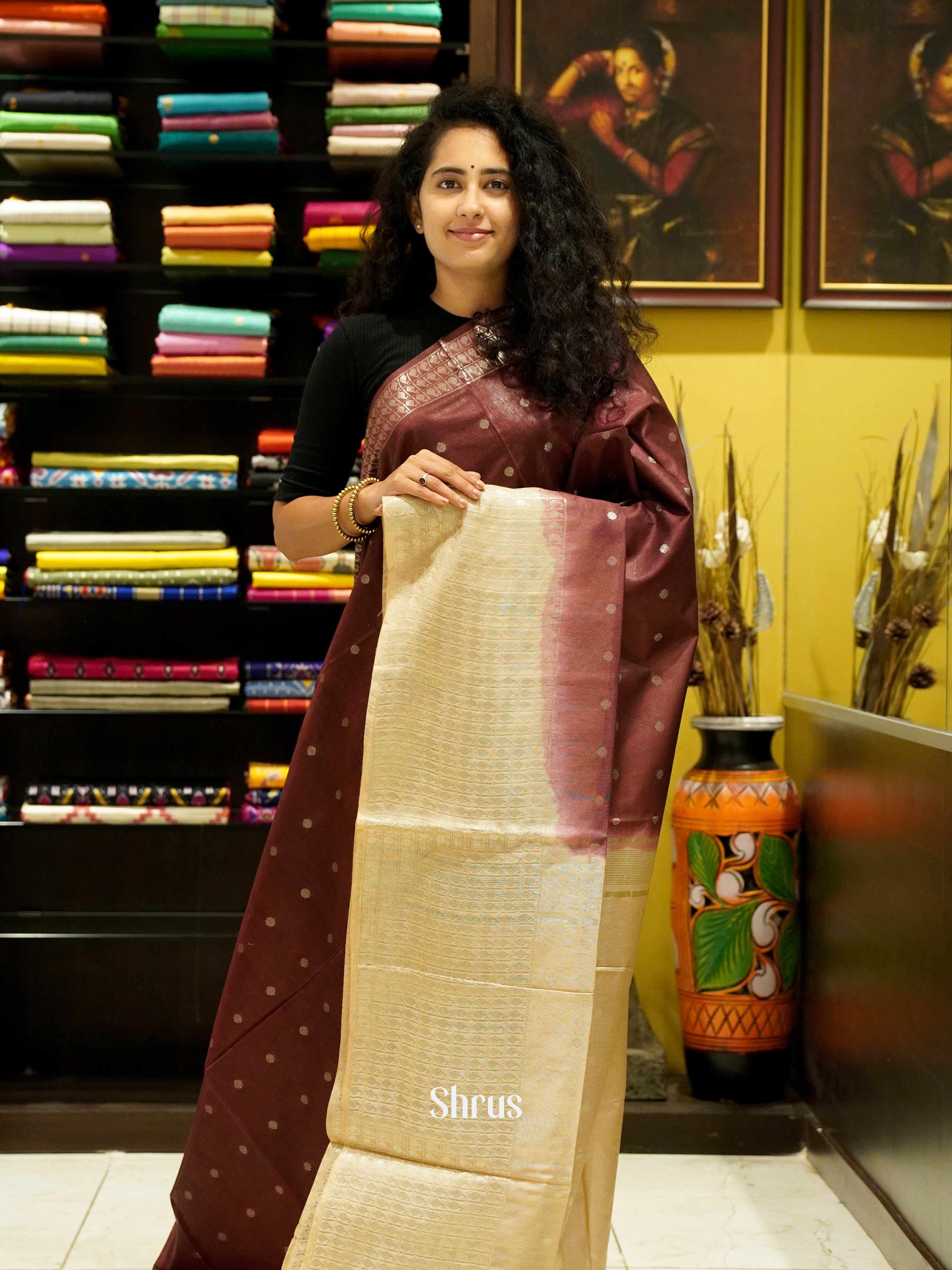 Maroon & Cream - Semi Tussar Saree - Shop on ShrusEternity.com