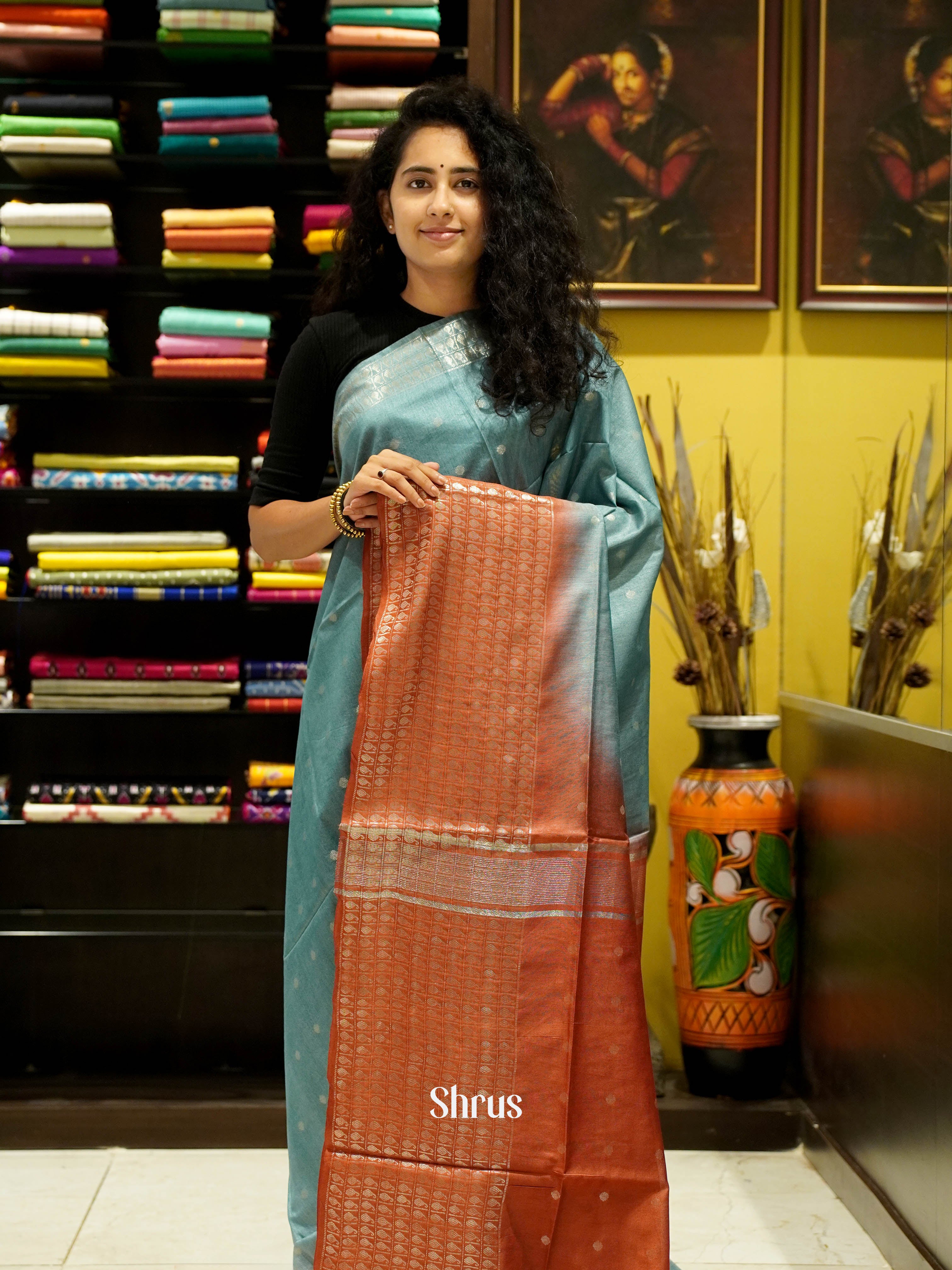 Teal Blue & Red- Semi Tussar Saree - Shop on ShrusEternity.com