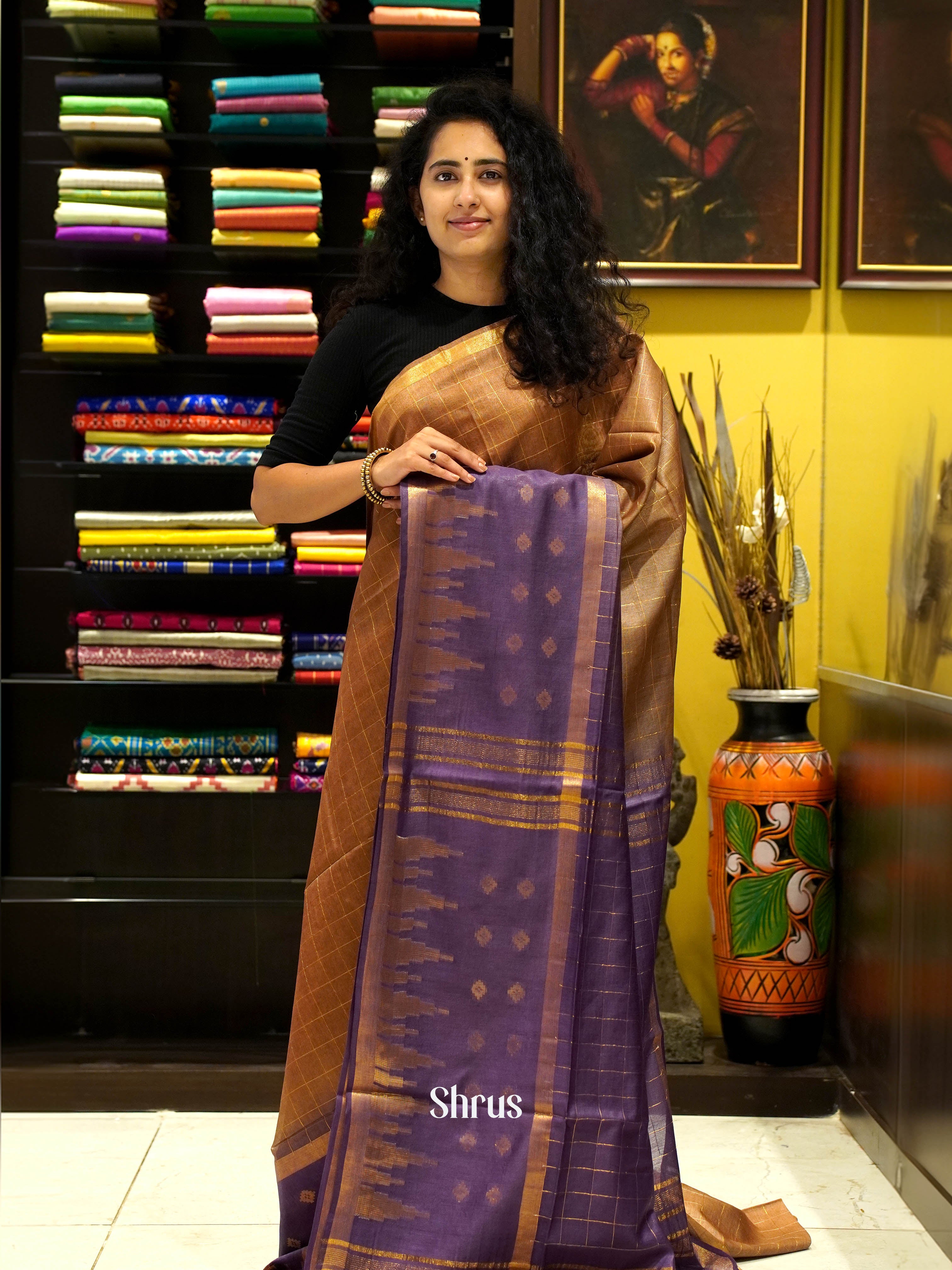 Brown & Purple - Semi Tussar Saree - Shop on ShrusEternity.com