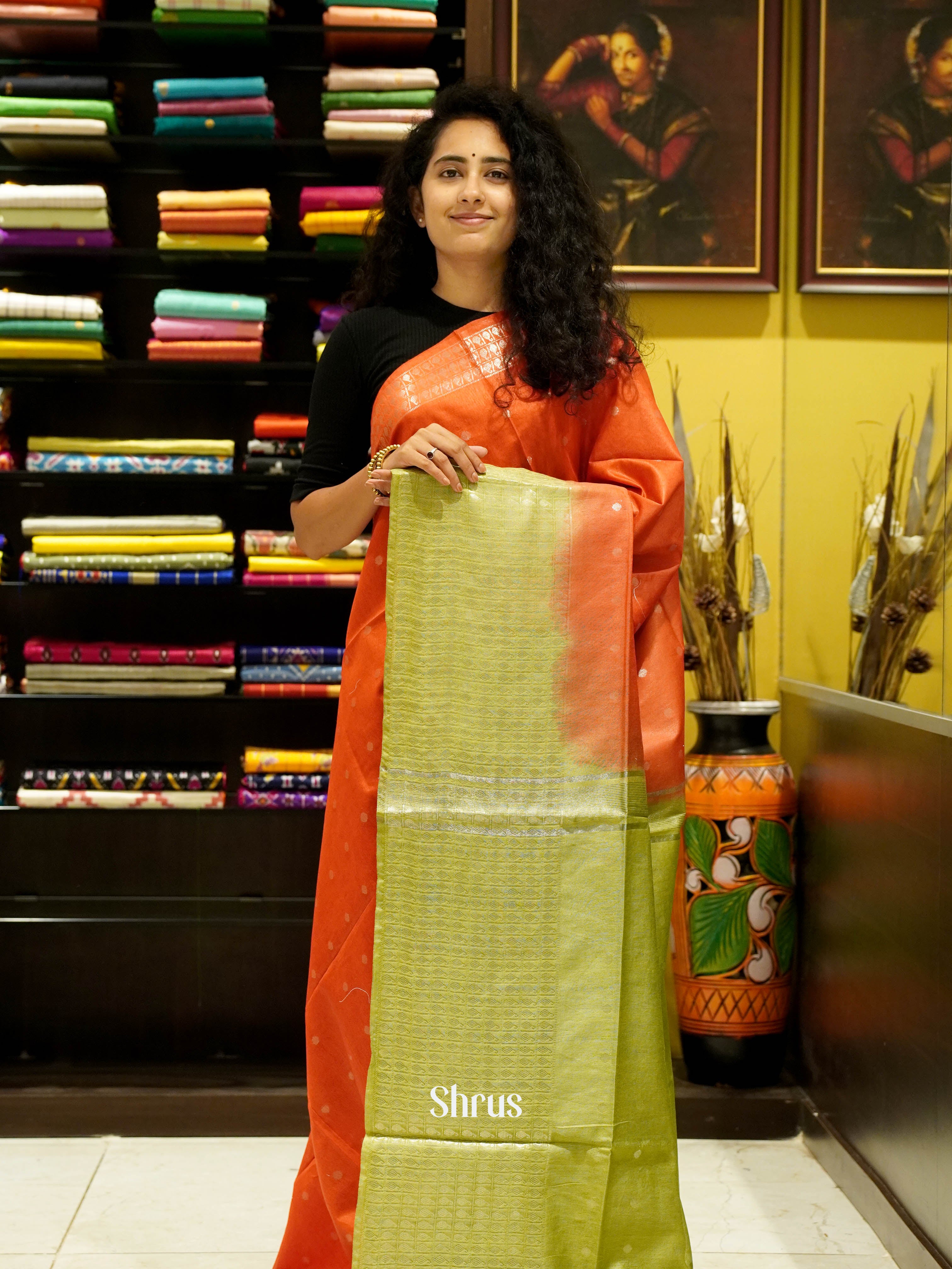 Reddish Orange & Green - Semi Tussar Saree - Shop on ShrusEternity.com