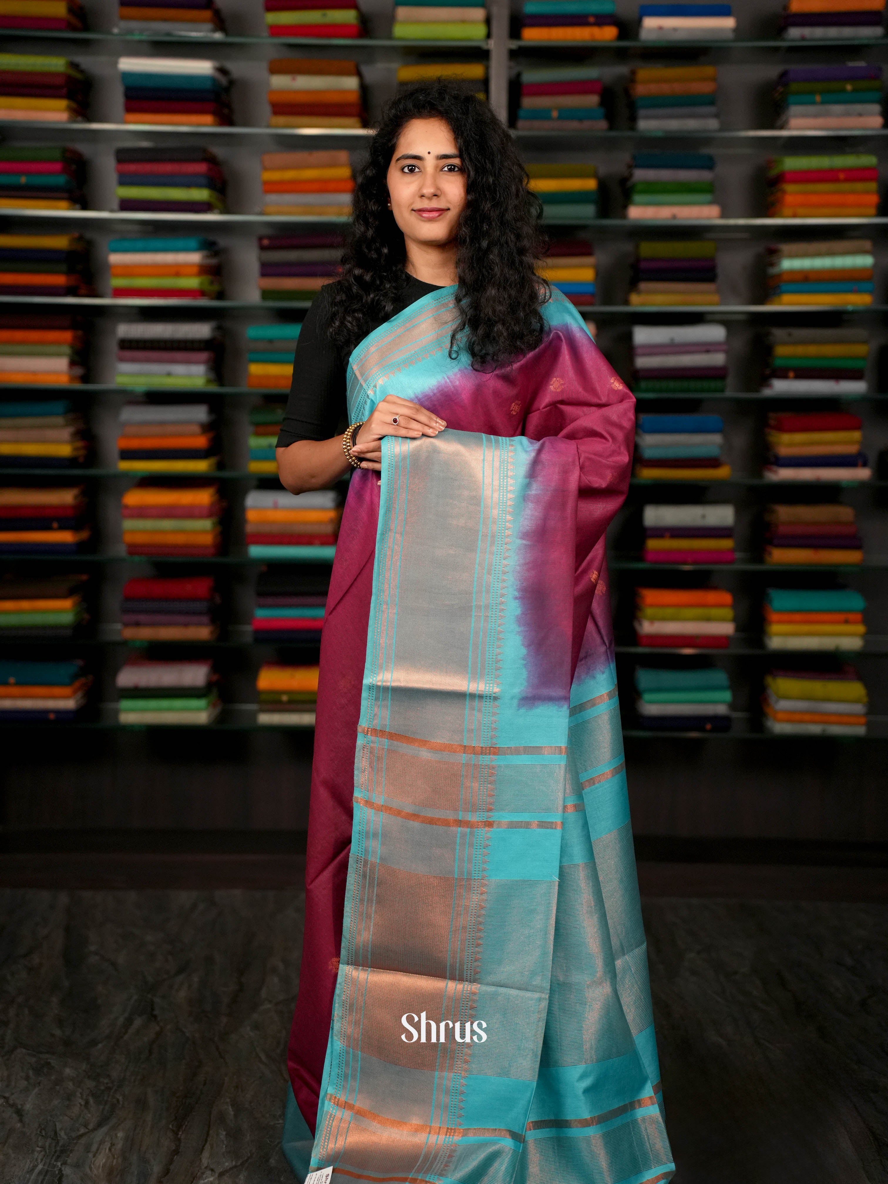 Blue & Maroon - Semi Tussar Saree - Shop on ShrusEternity.com