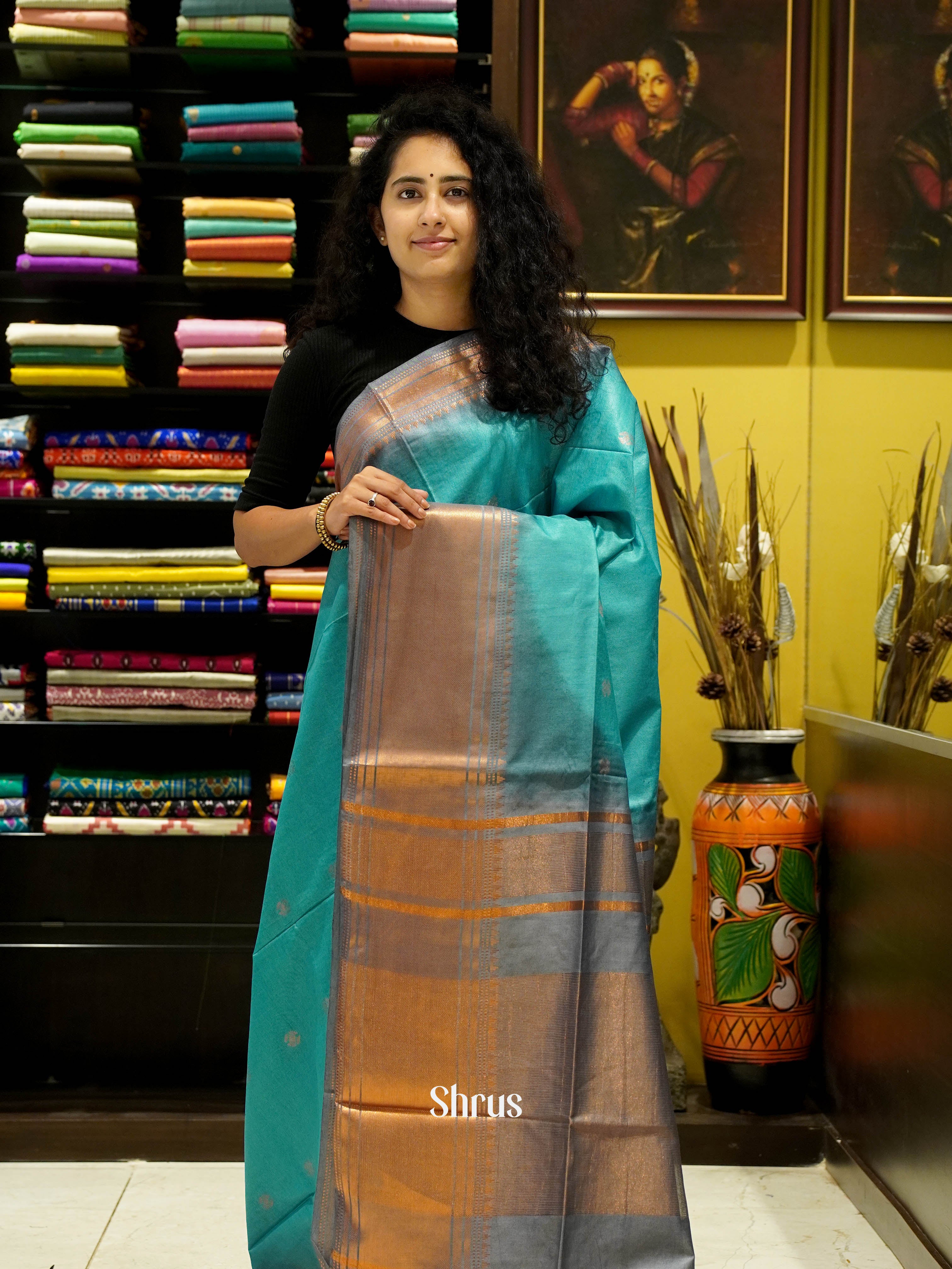 Teal & Grey - Semi Tussar Saree - Shop on ShrusEternity.com