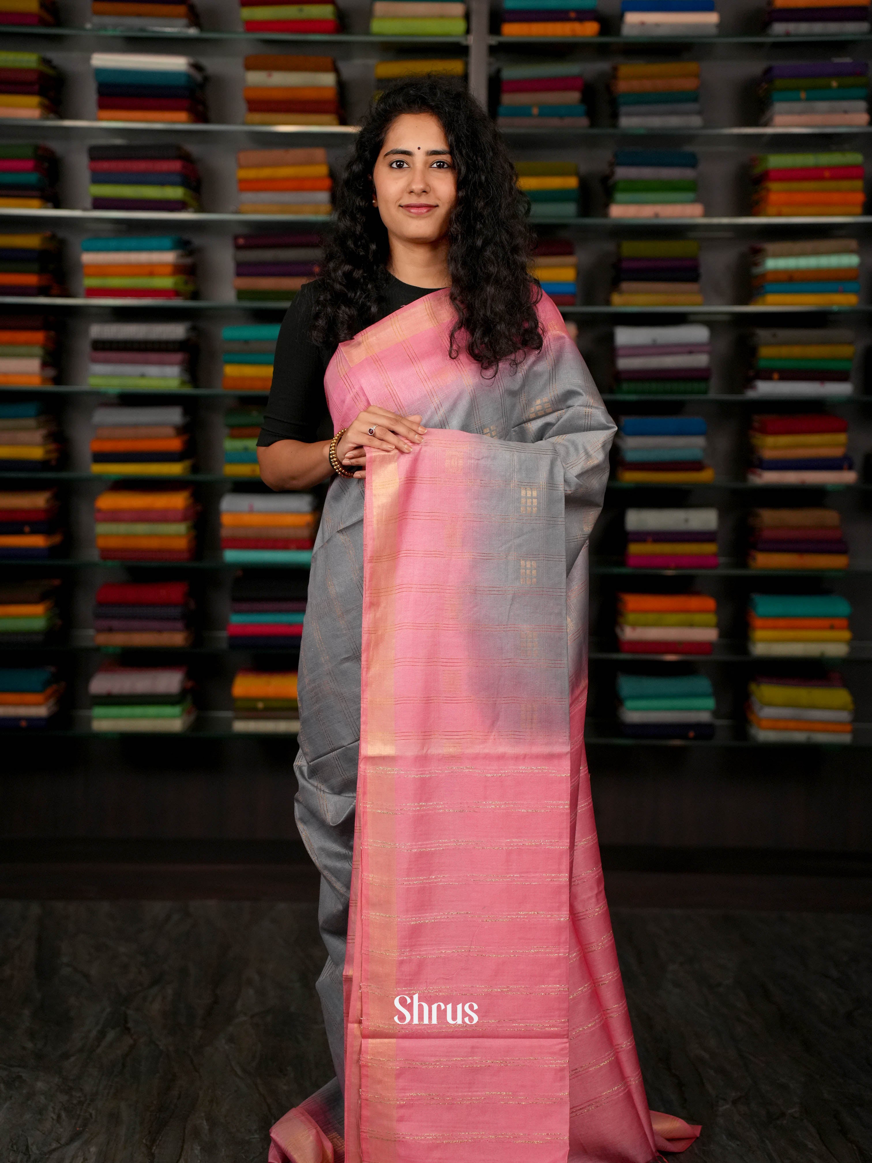 Grey & Pink - Semi Tussar Saree - Shop on ShrusEternity.com