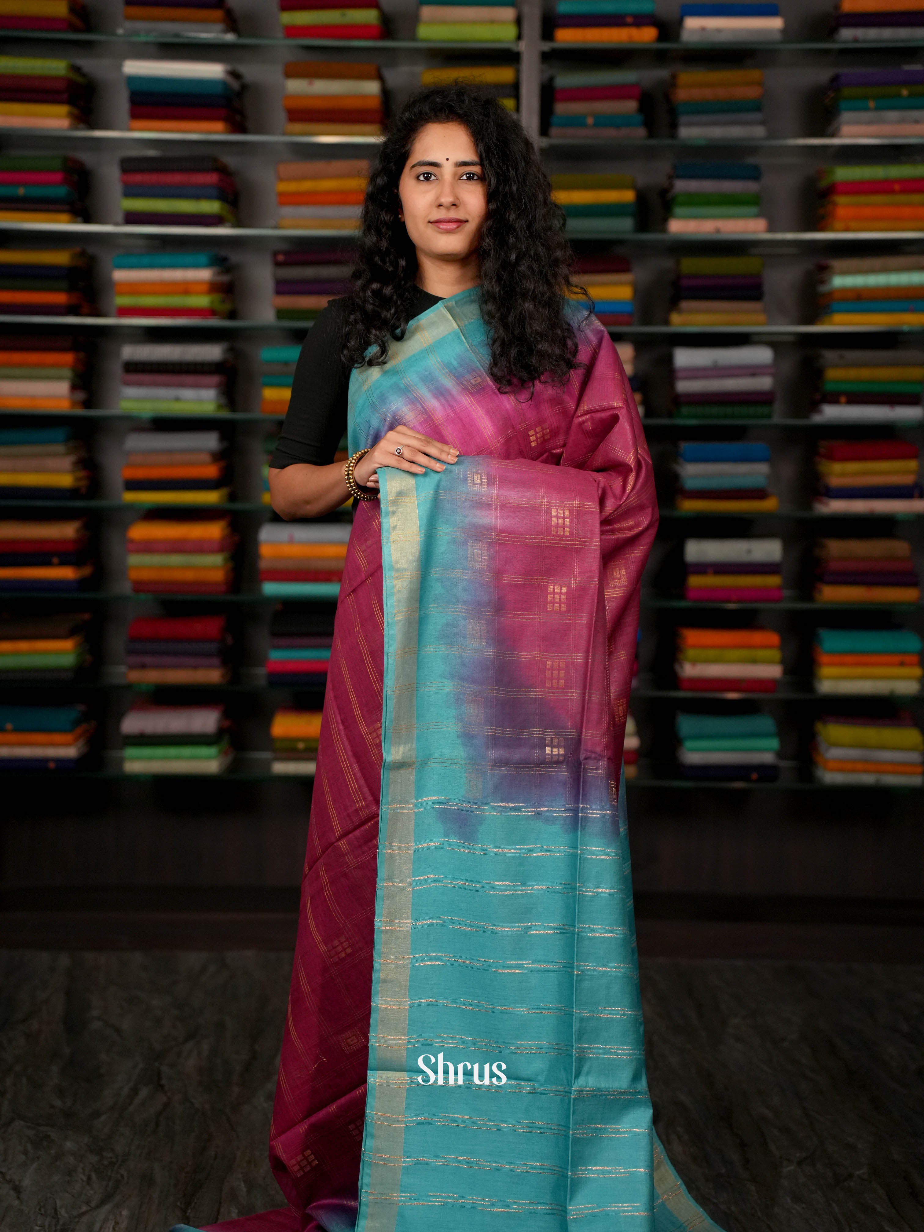 Purple & Teal Blue - Semi Tussar Saree - Shop on ShrusEternity.com