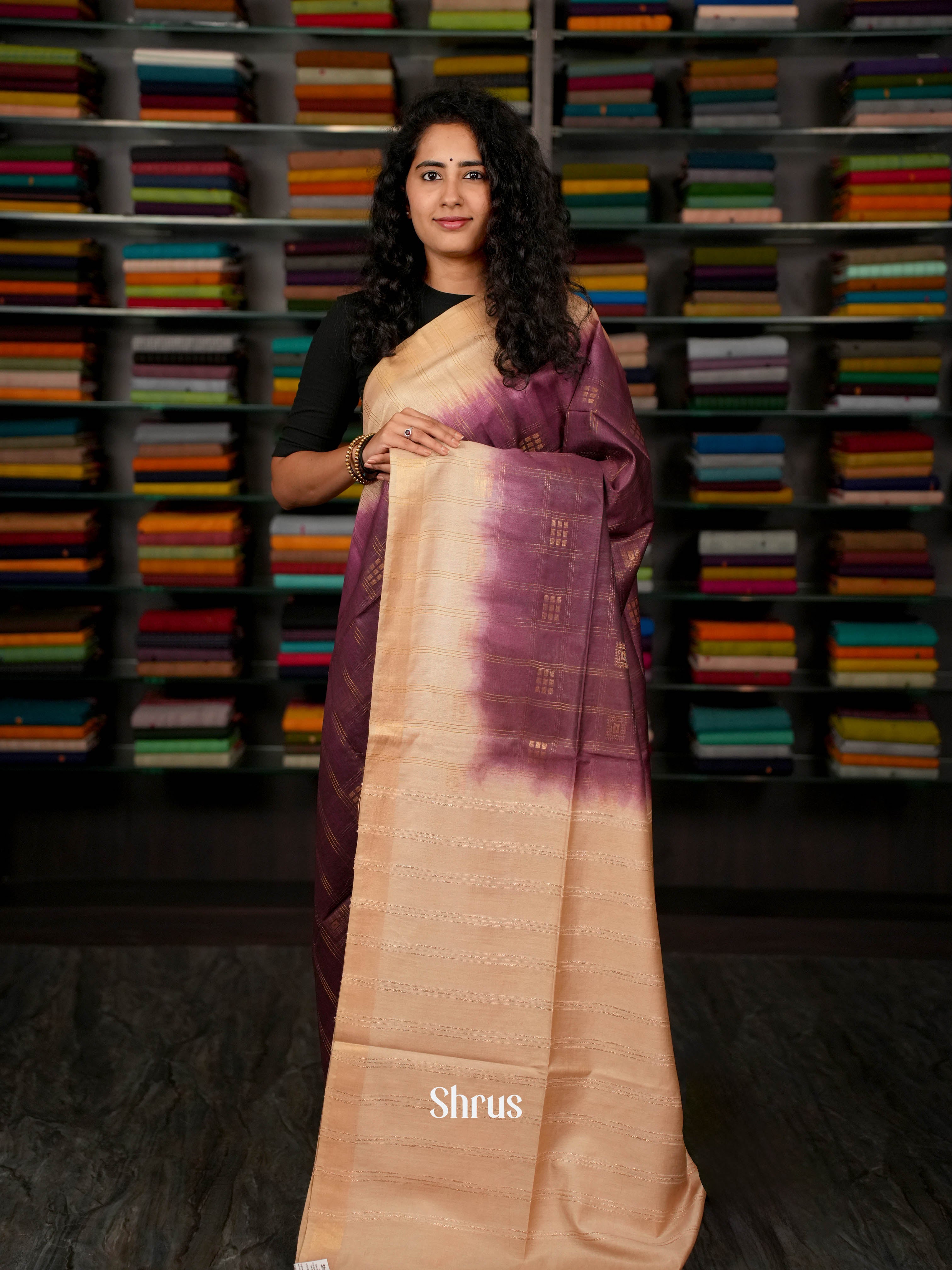 Violet & Cream - Semi Tussar Saree - Shop on ShrusEternity.com