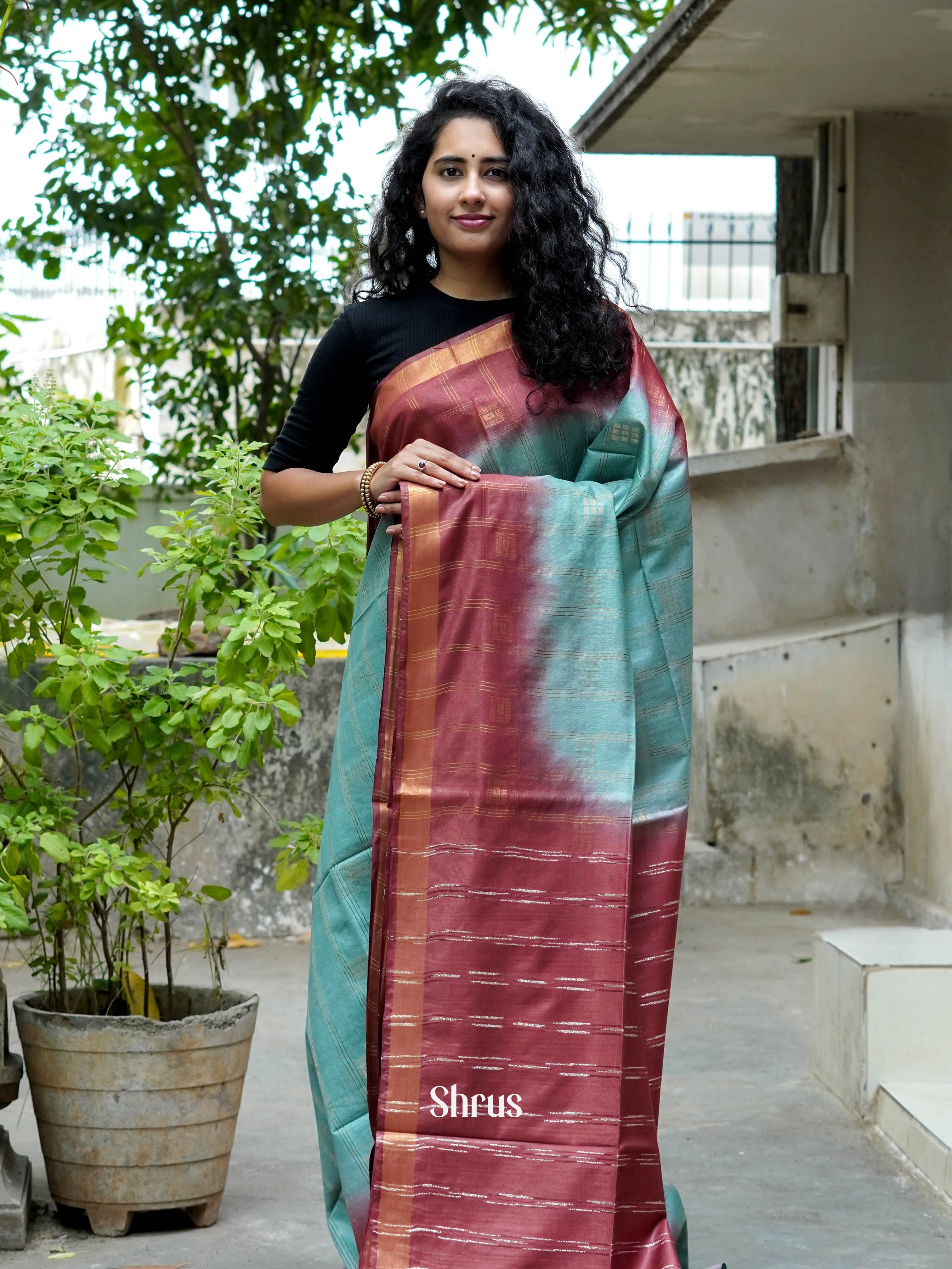 Teal & Maroon - Semi Tussar Saree - Shop on ShrusEternity.com