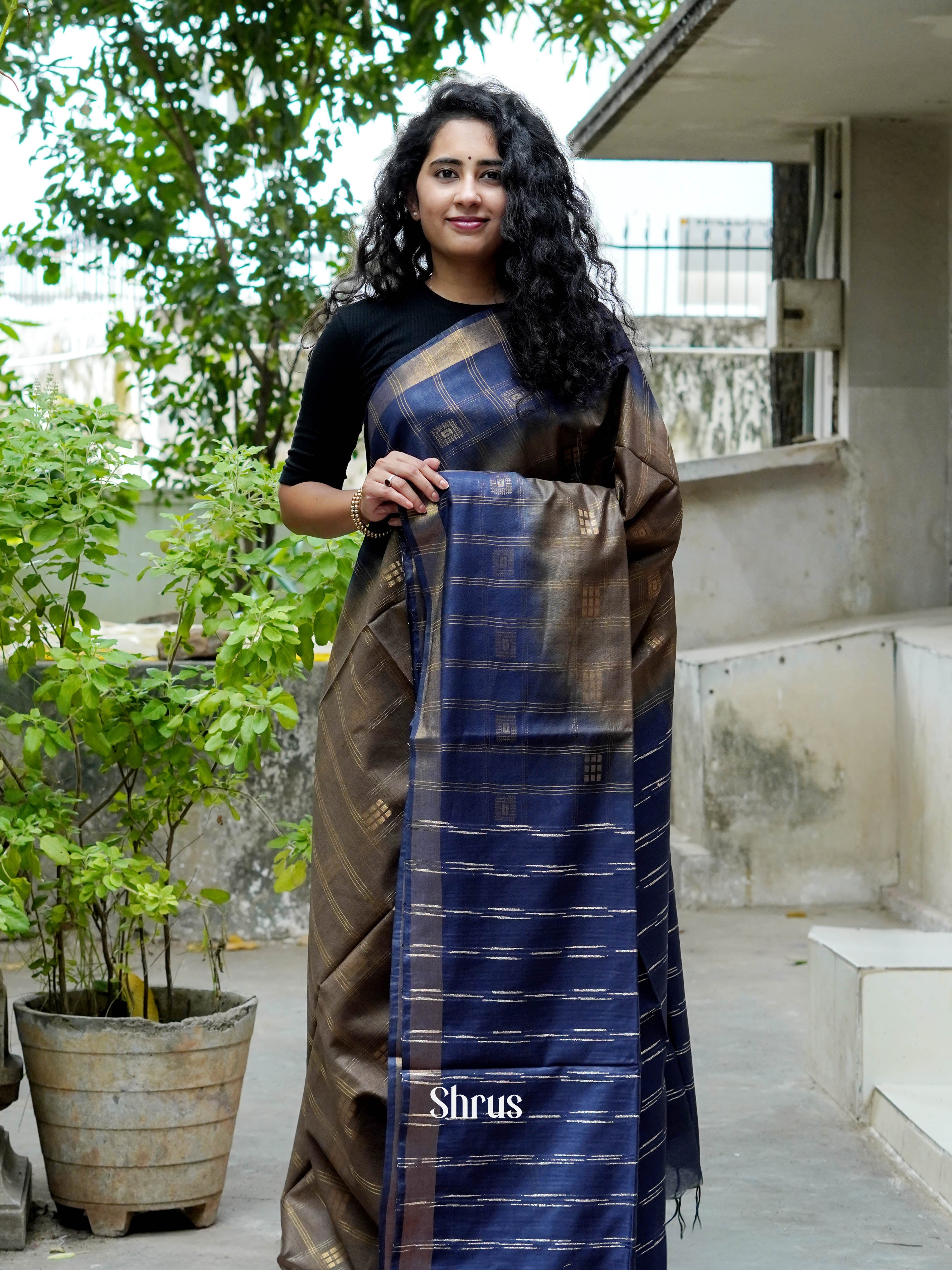 Grey & Blue - Semi Tussar Saree - Shop on ShrusEternity.com