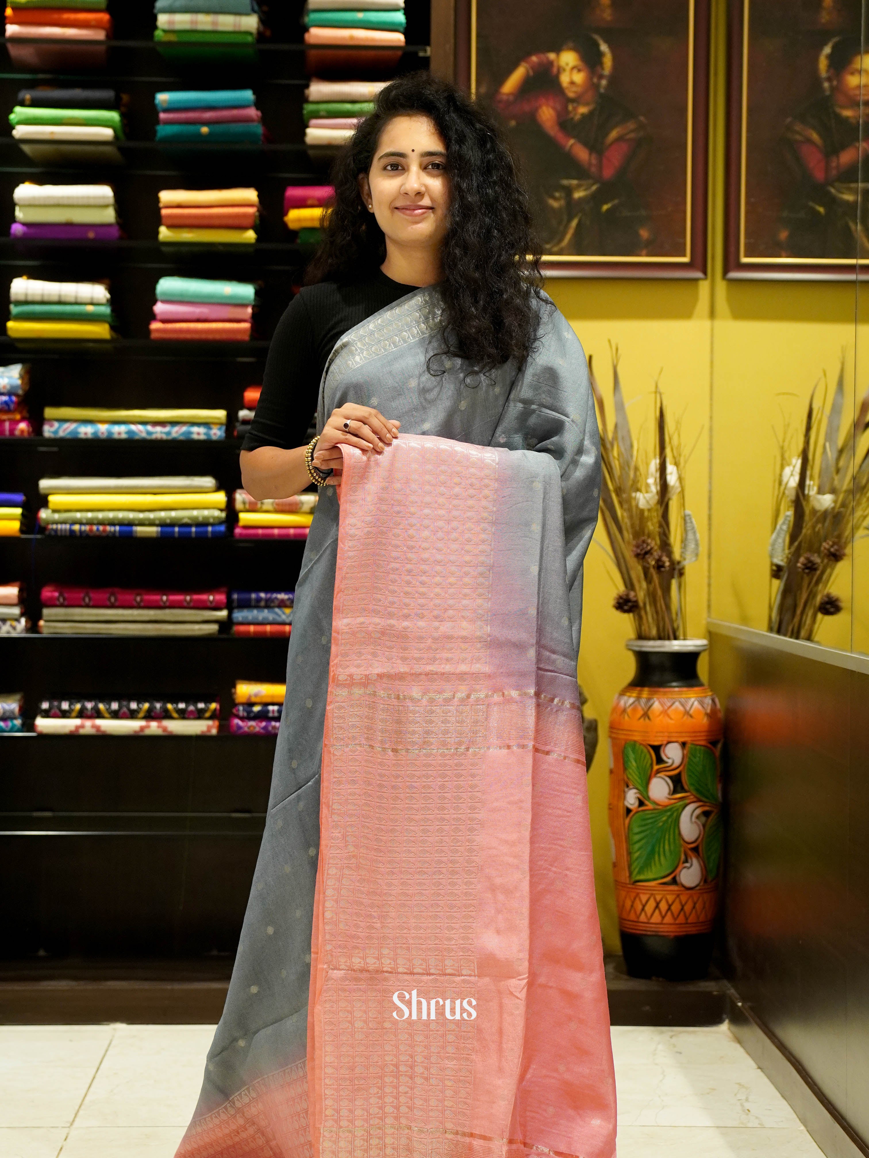 Grey & Pink - Semi Tussar Saree - Shop on ShrusEternity.com