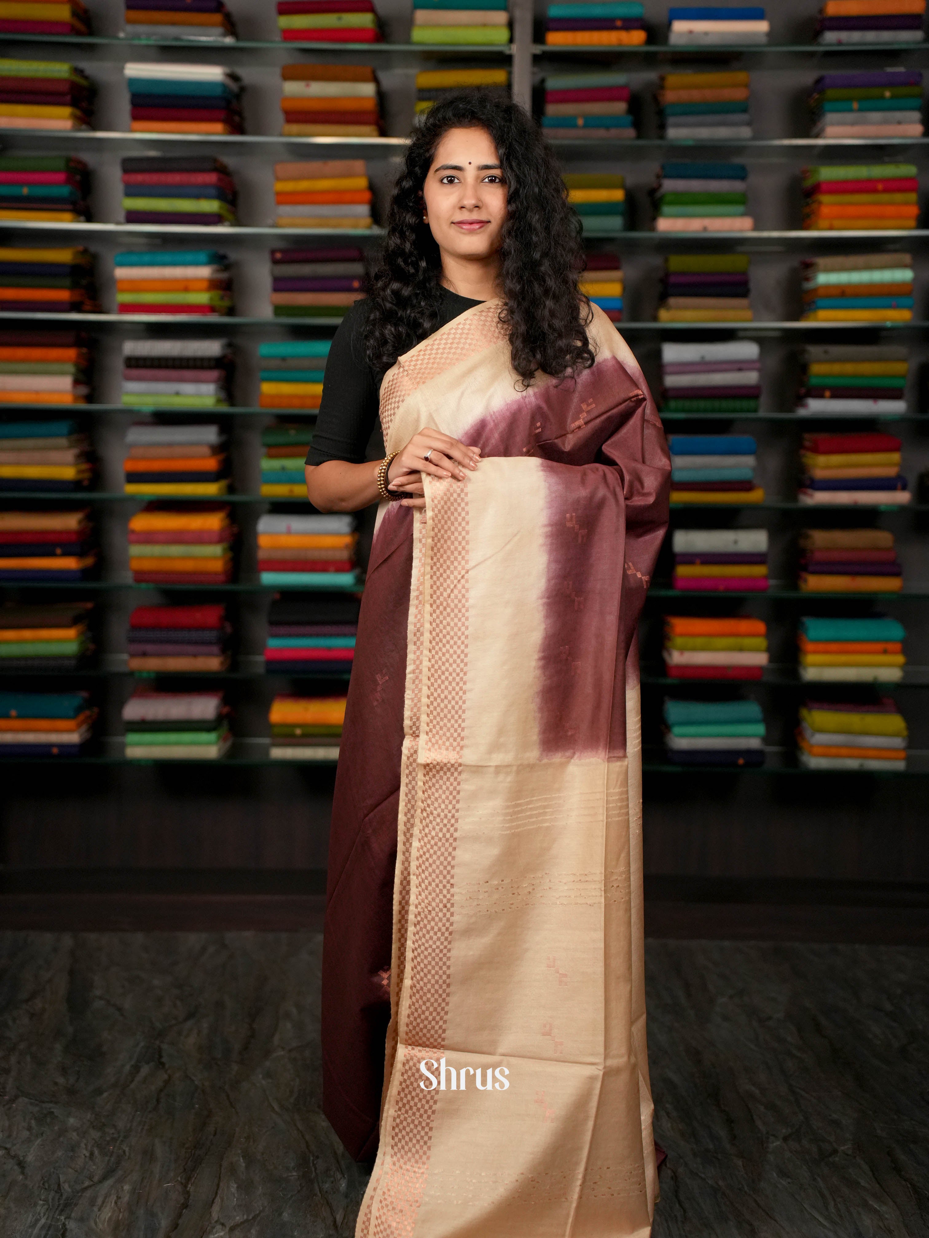 Dark Maroon & Cream - Semi Tussar Saree - Shop on ShrusEternity.com