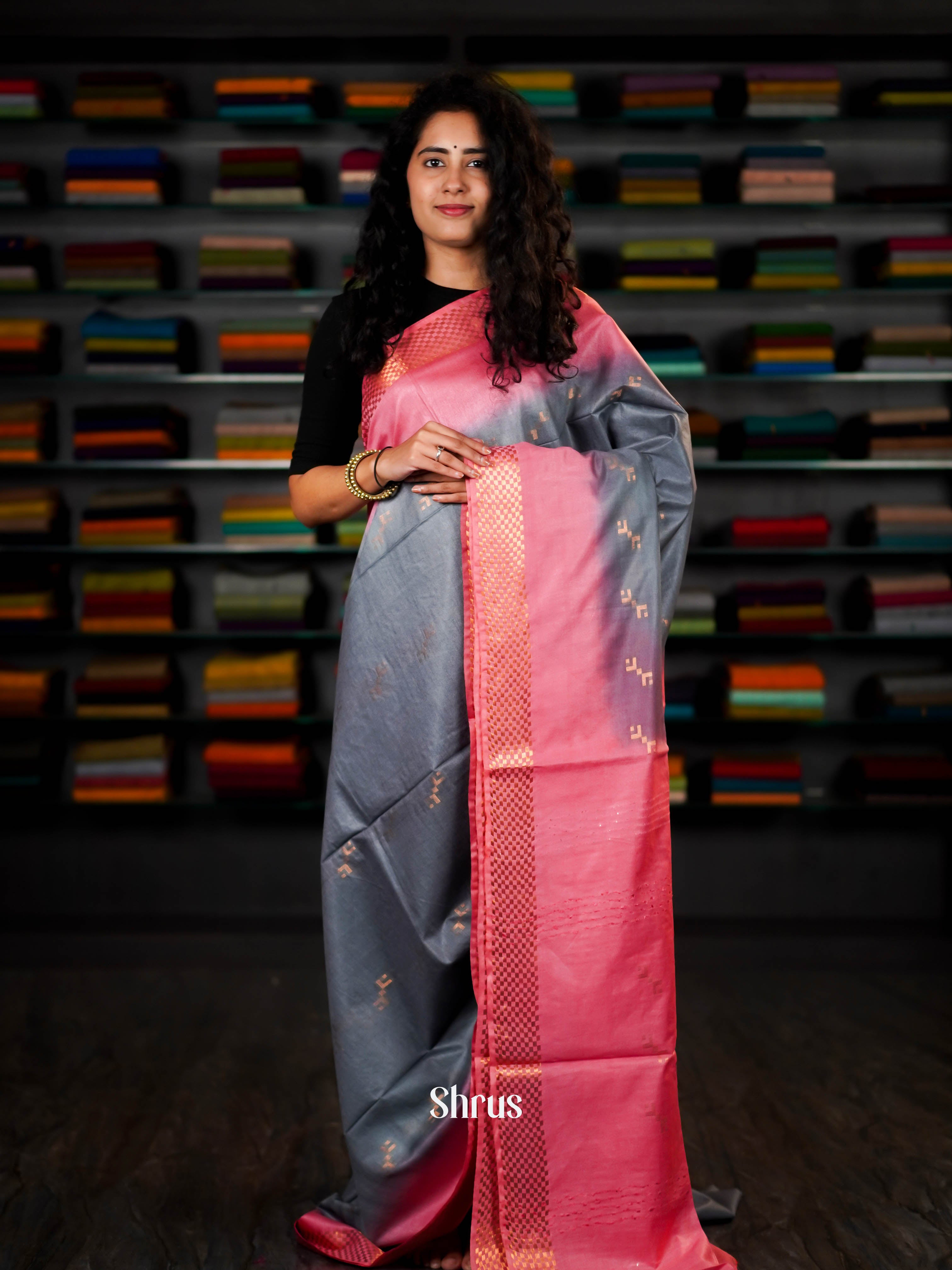 Grey & Pink - Semi Tussar Saree - Shop on ShrusEternity.com