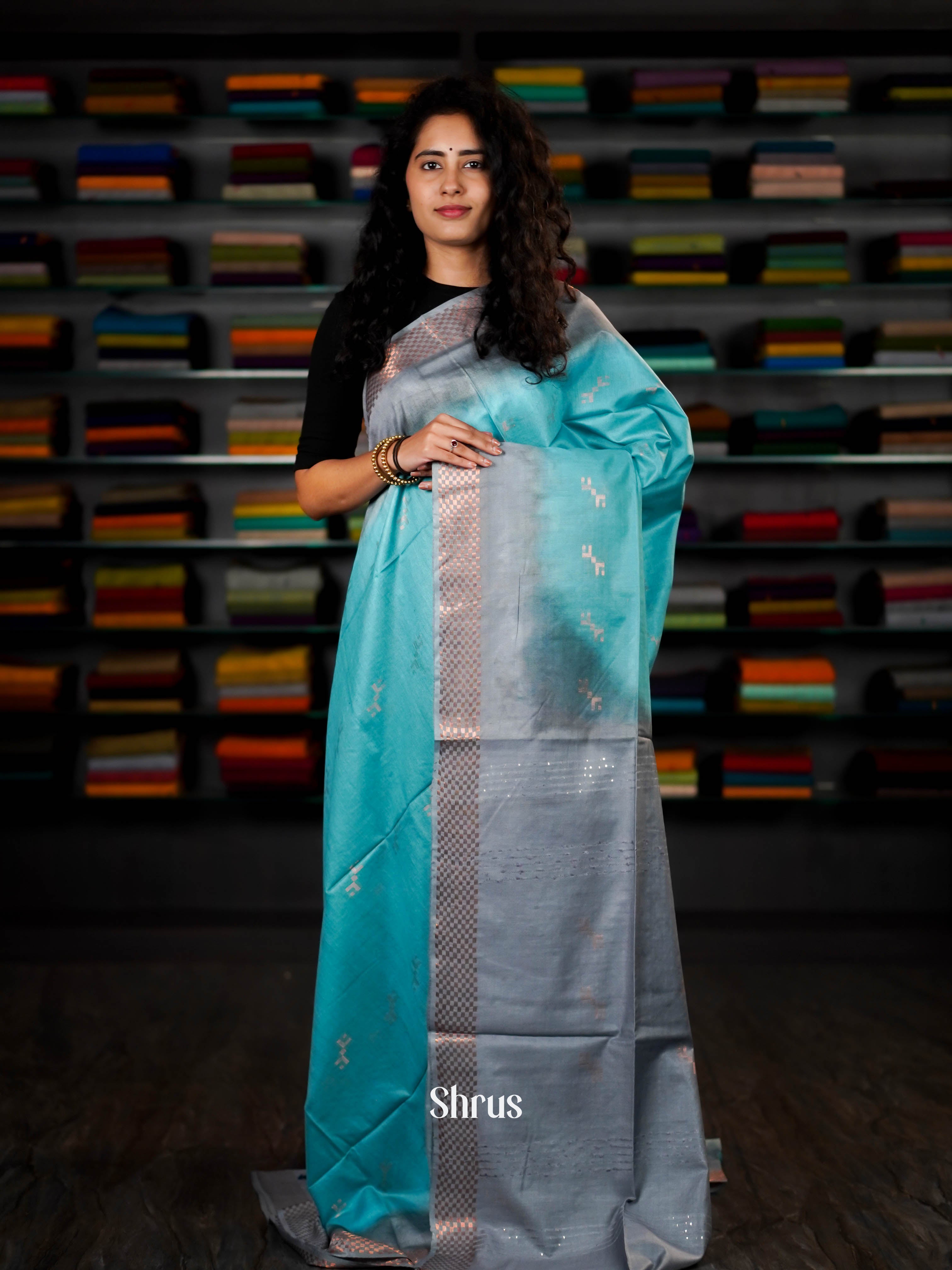 Grey & Blue - Semi Tussar Saree - Shop on ShrusEternity.com