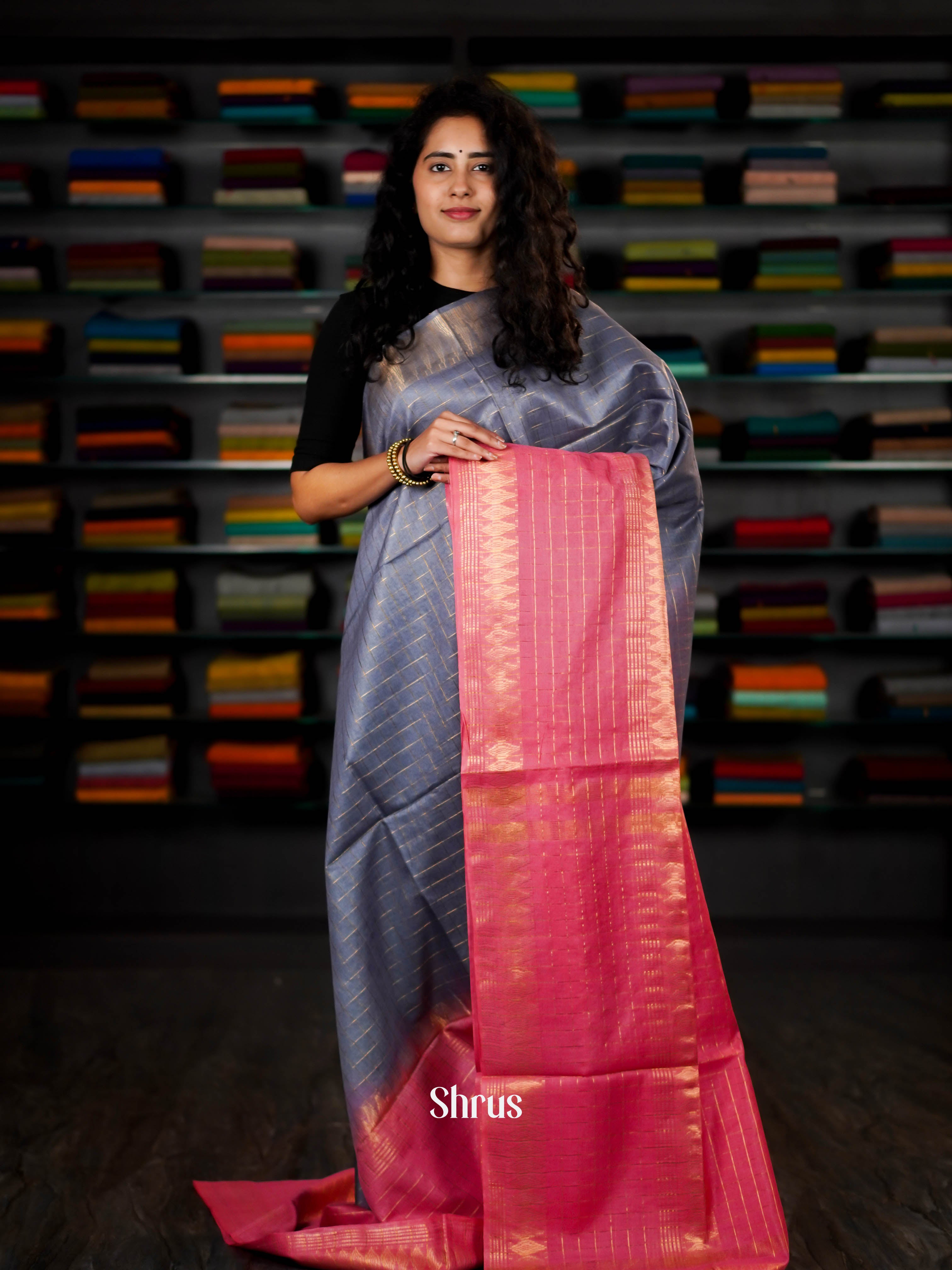 Grey & Pink - Semi Tussar Saree - Shop on ShrusEternity.com