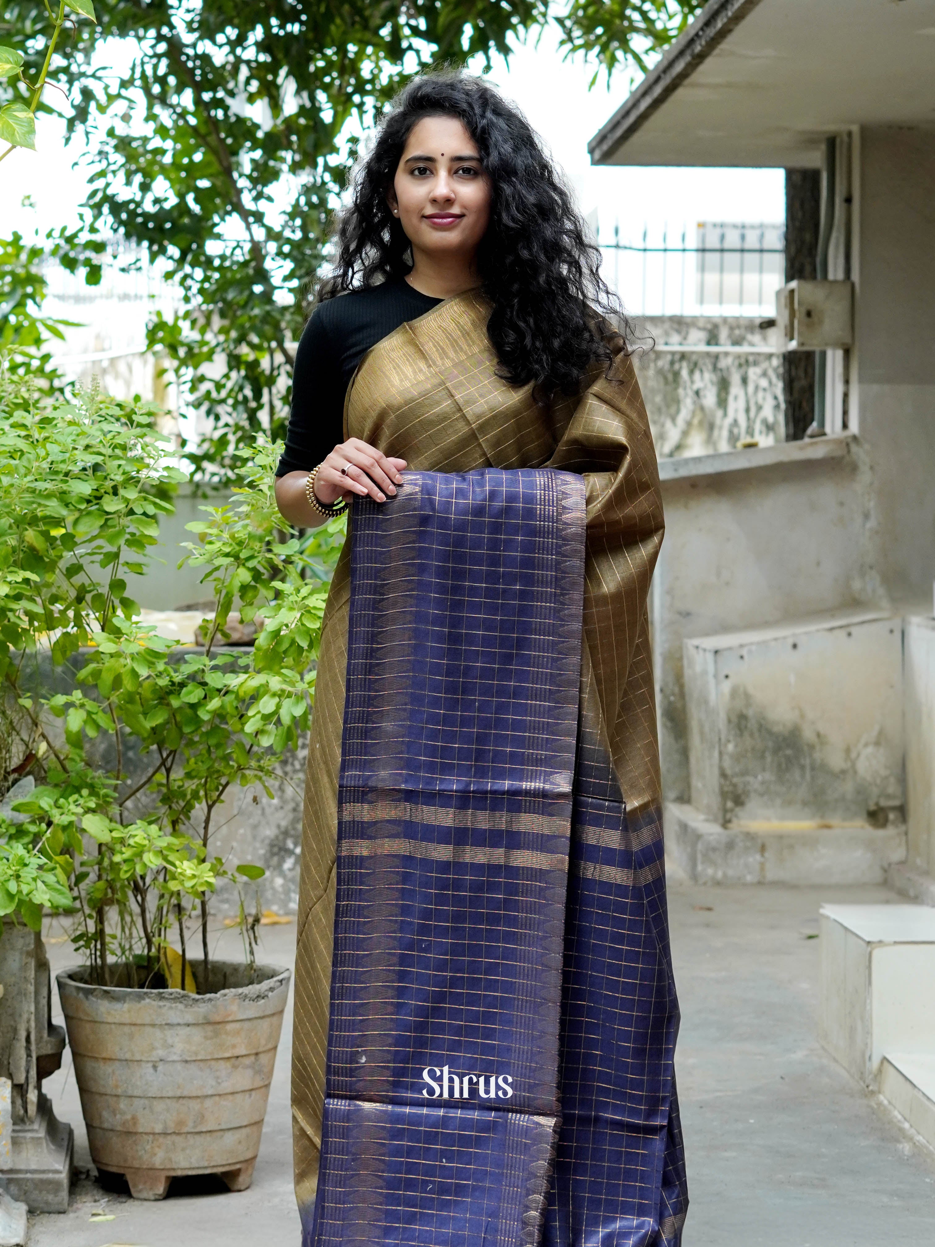 Mehandi Green & Blue - Semi Tussar Saree - Shop on ShrusEternity.com