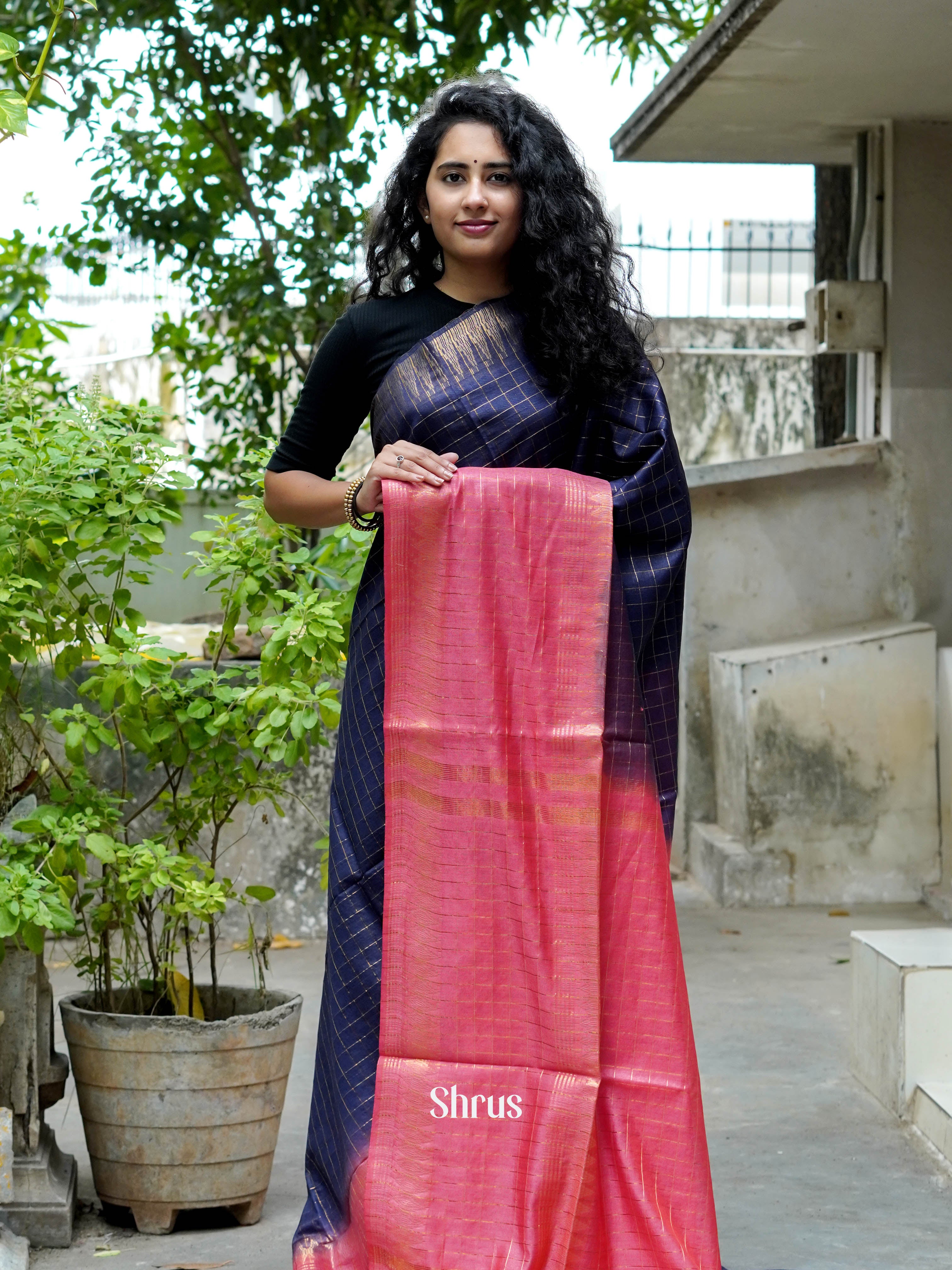 Blue & Reddish Pink - Semi Tussar Saree - Shop on ShrusEternity.com