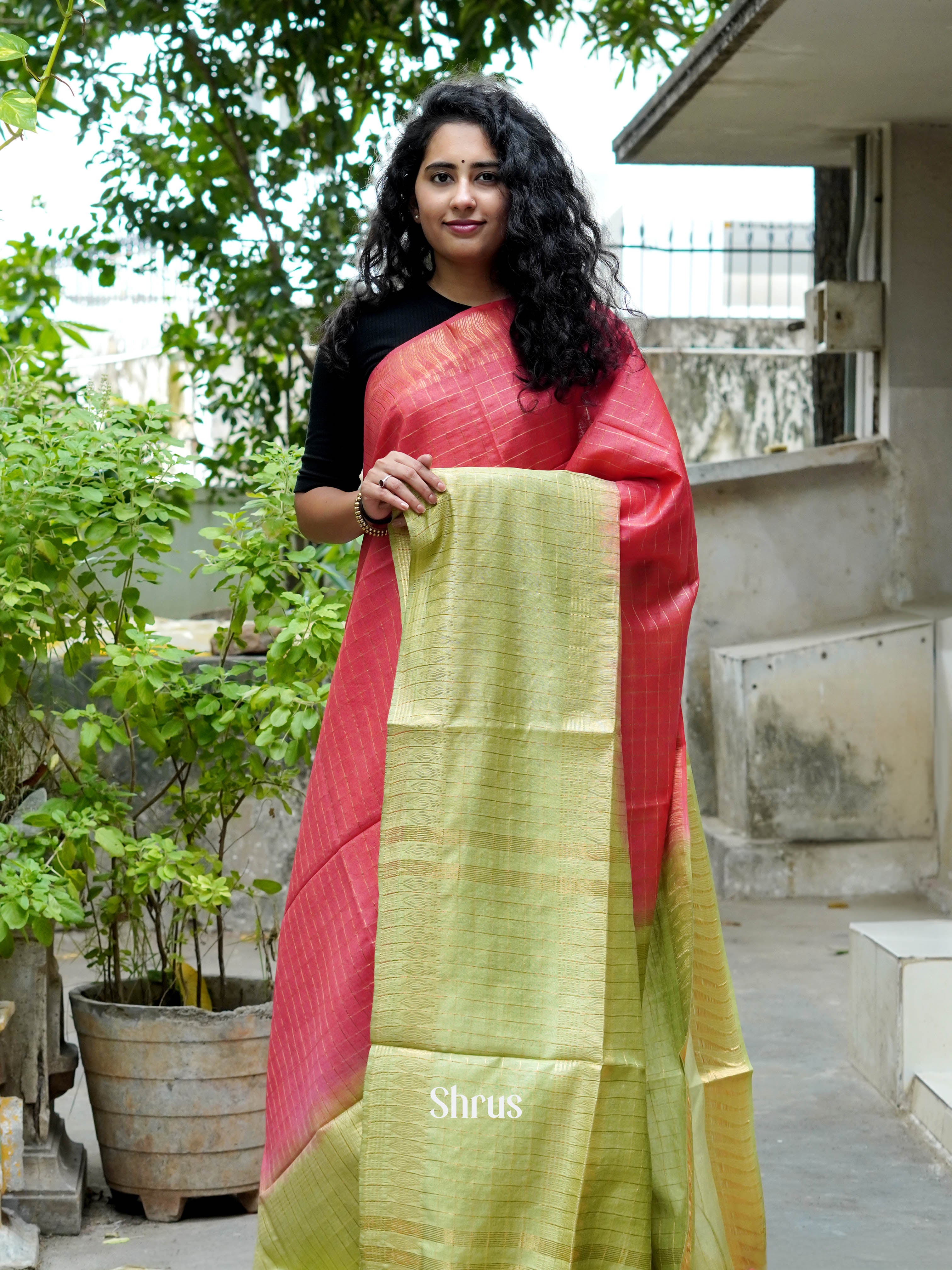 Red & Green - Semi Tussar Saree - Shop on ShrusEternity.com